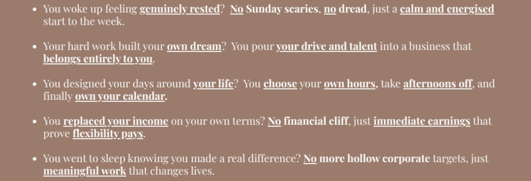 Text on a beige background encouraging relaxation, personal growth, and financial freedom.
