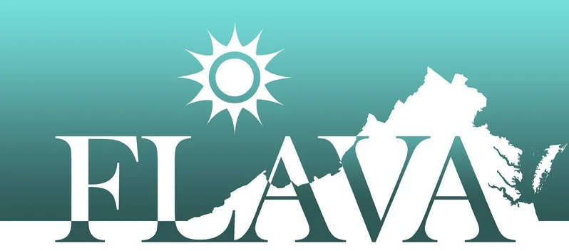 Logo for FLAVA in gradients of green with the outline of the state of Virginia and a clip art white sun over the FLAVA letters
