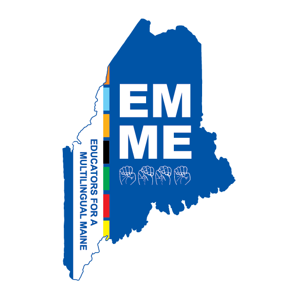 Multicolored EMME logo with the letters EMME inside of the outline of the state of Maine
