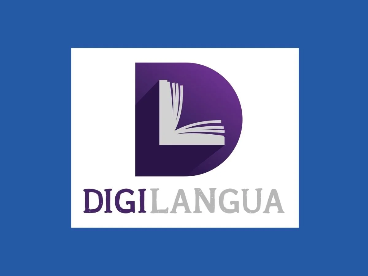 DigiLangua logo featuring a stylized purple letter “D” with an open book icon, representing a digital library of comprehensible readers for world language learning.