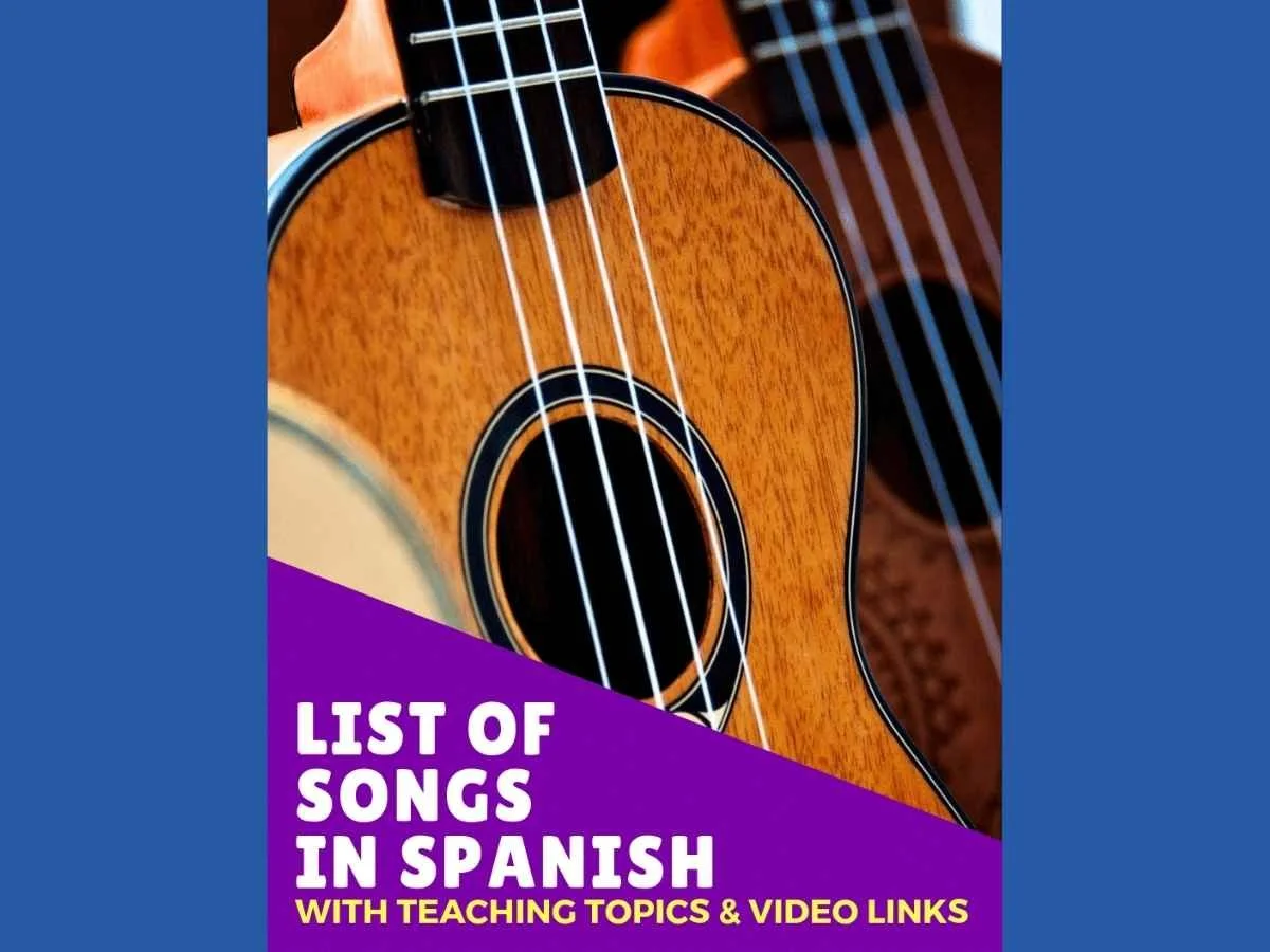 Close-up of a wooden ukulele with a purple overlay reading 'List of Songs in Spanish with Teaching Topics & Video Links'.