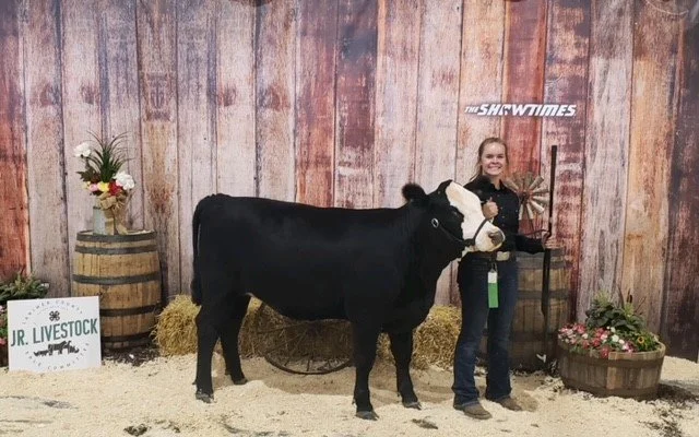 A smiling young girl holding a black and white cow on a leash at an indoor farm exhibit with hay and flower arrangements.