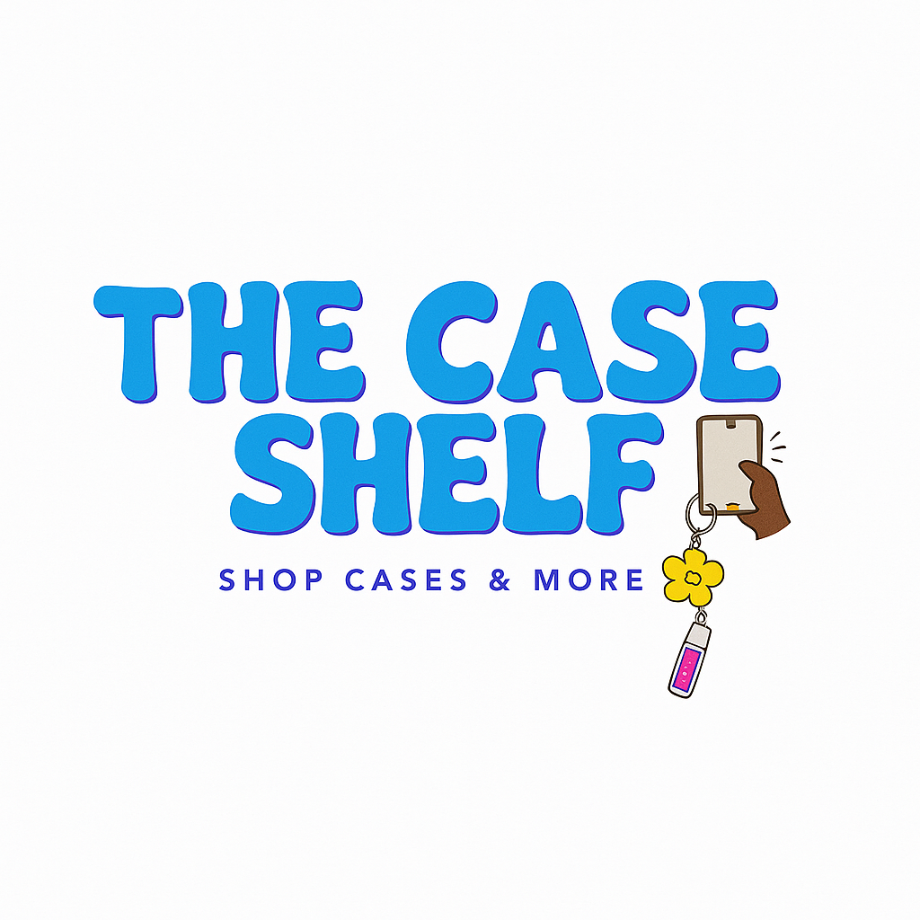 Logo for The Case Shelf with blue text, a hand holding a smartphone, and accessories like a flower-shaped keychain and a small USB drive. Subtext reads "Shop Cases & More."