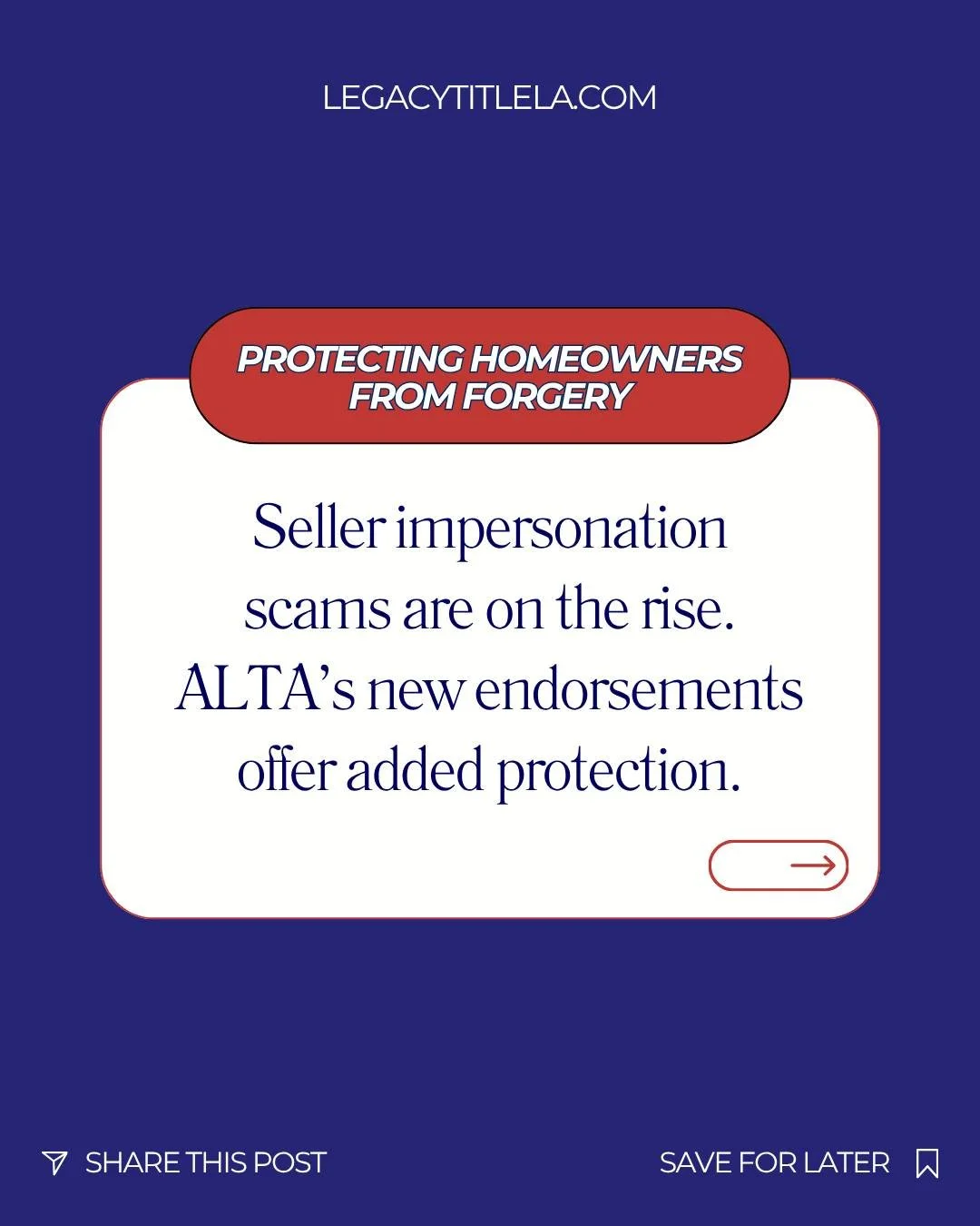 Forgery and seller impersonation scams are on the rise, and that&rsquo;s why ALTA has introduced NEW protections for homeowners: the ALTA 49 endorsements.

What it means for YOU:
🔒 If you&rsquo;re a realtor, lender, or broker &rarr; check with Legac