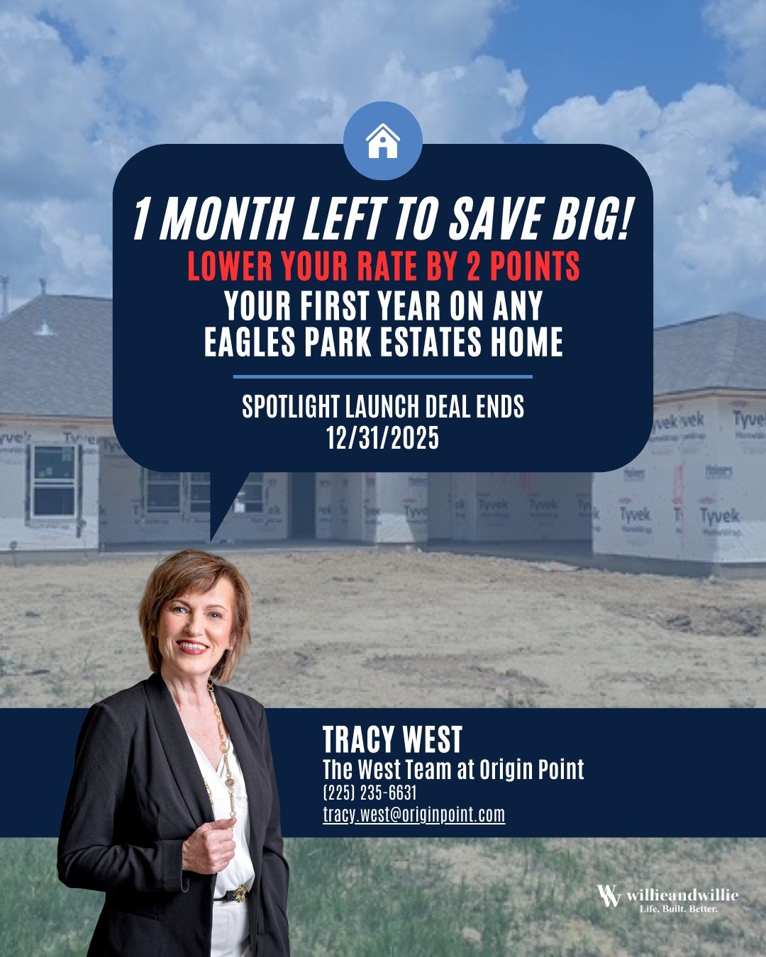 There&rsquo;s just one month left to take advantage of our Spotlight Launch Deal in Eagles Park Estates, W&amp;W's limited-time financing opportunity designed to make new construction more affordable!

When you close on a new home in EPE before 12/31