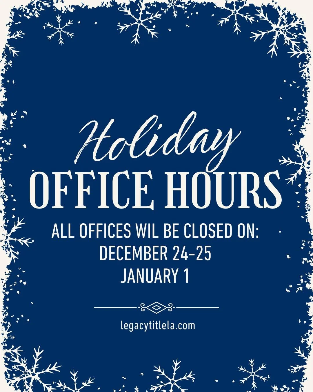 Holiday reminder! 🎄✨ Our offices will be closed on December 24, December 25, and January 1 so our team can enjoy time with their families.

We&rsquo;ll be back during regular business hours to help you close out the year (and start 2026) strong!

#l