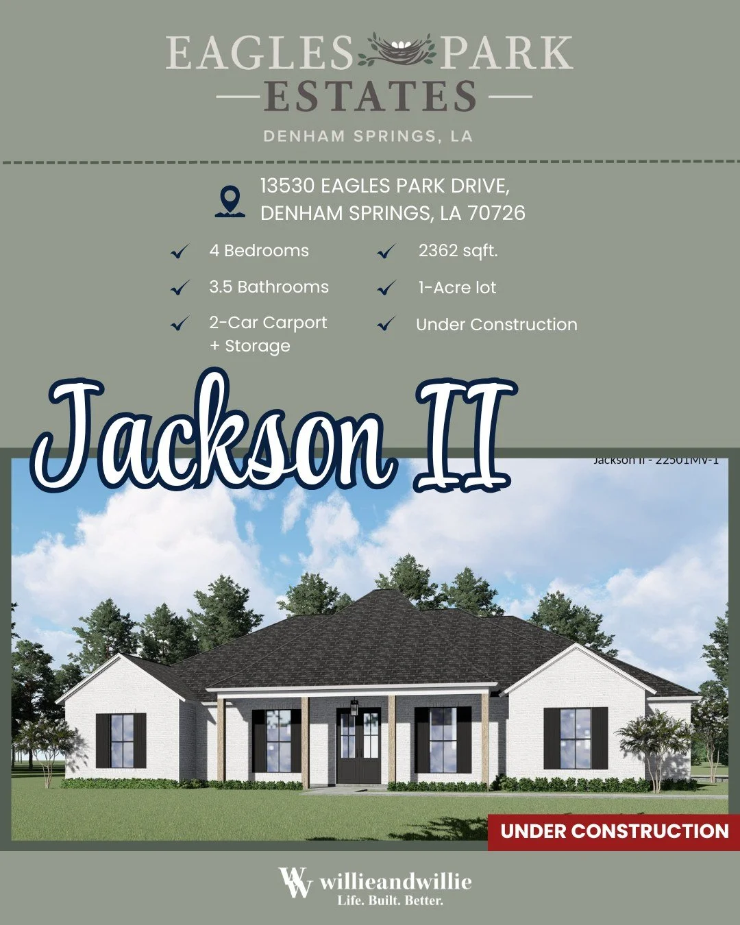 One acre of breathing room meets premium craftsmanship! ✨

Introducing the Jackson II at Eagles Park Estates, where space meets luxury! Featuring 4 bedrooms, 3.5 baths, and 2,362 sq. ft. of thoughtfully designed living space, this home is all about t