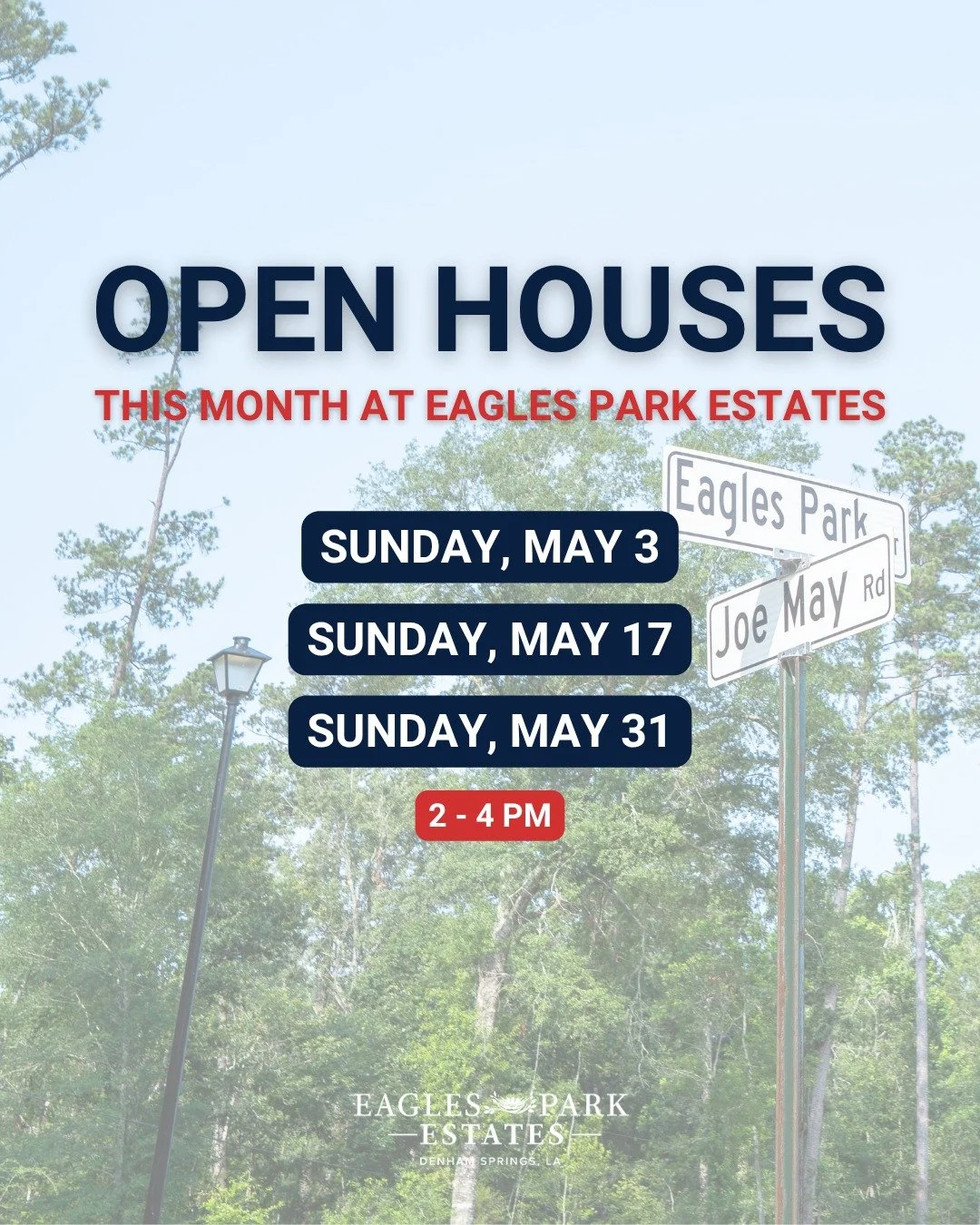 Thinking about building or buying in Eagles Park Estates? Join Amanda Walker for Open Houses every other Sunday in May from 2&ndash;4 PM and come see what makes this community so special! 

Walk the homes, explore the neighborhood, and get your quest