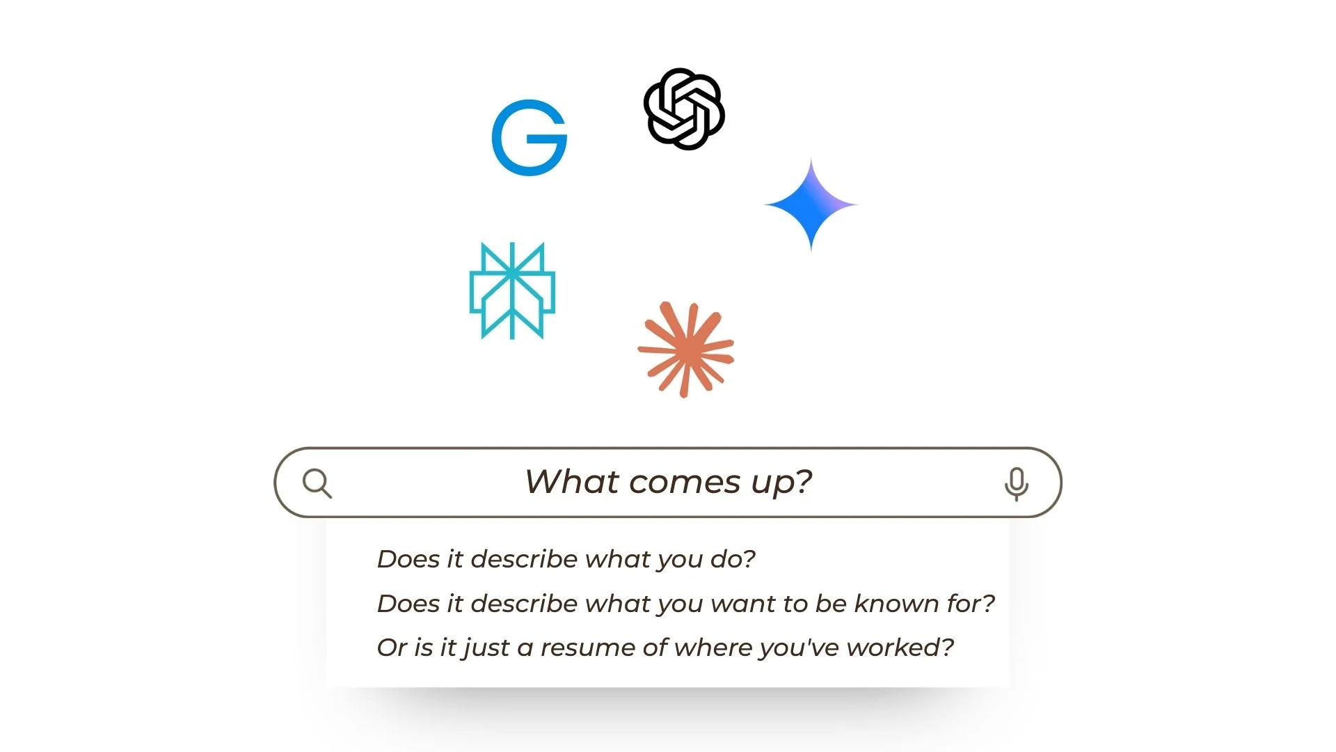 Search bar with the logos of Google, ChatGPT, Gemini, Perplexity and Claude with the text 'What comes up?' (industry recognition)