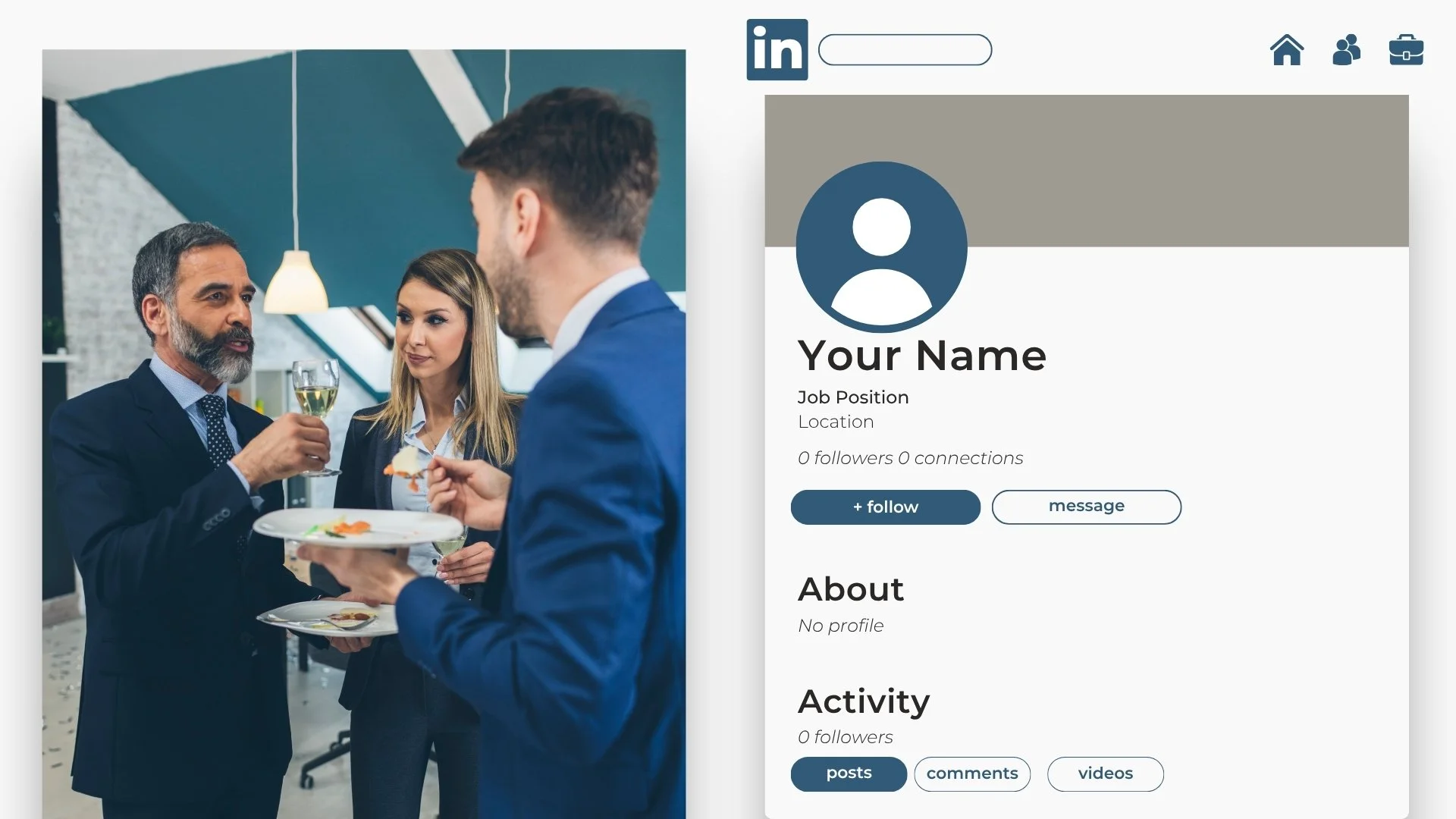 photo of people talking at an event on the left side, empty LinkedIn profile on the right. Visibility gap between real expertise and online personal brand presence
