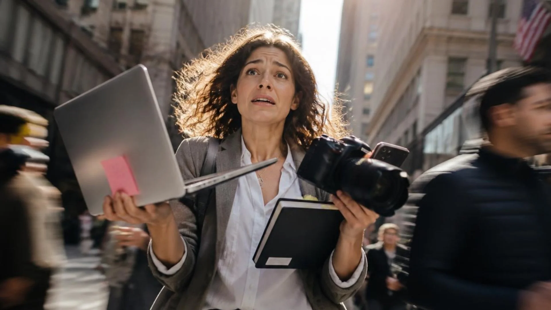 Someone juggling a laptop, camera, notebook, phone, slightly overwhelmed. Expert trying to DIY personal brand without strategy or support