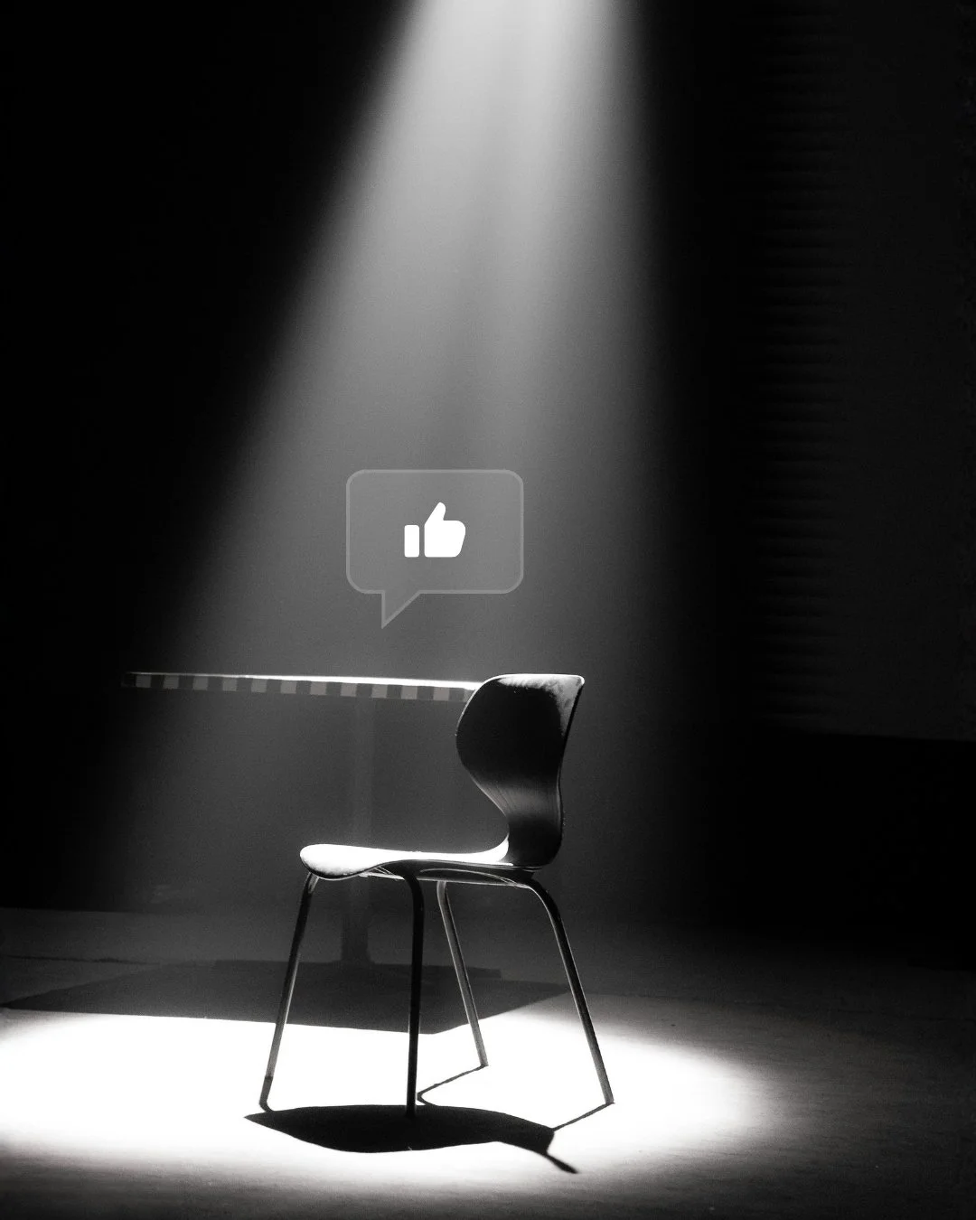 Single spotlight on empty chair with like sign metaphor for Single-channel expert struggling