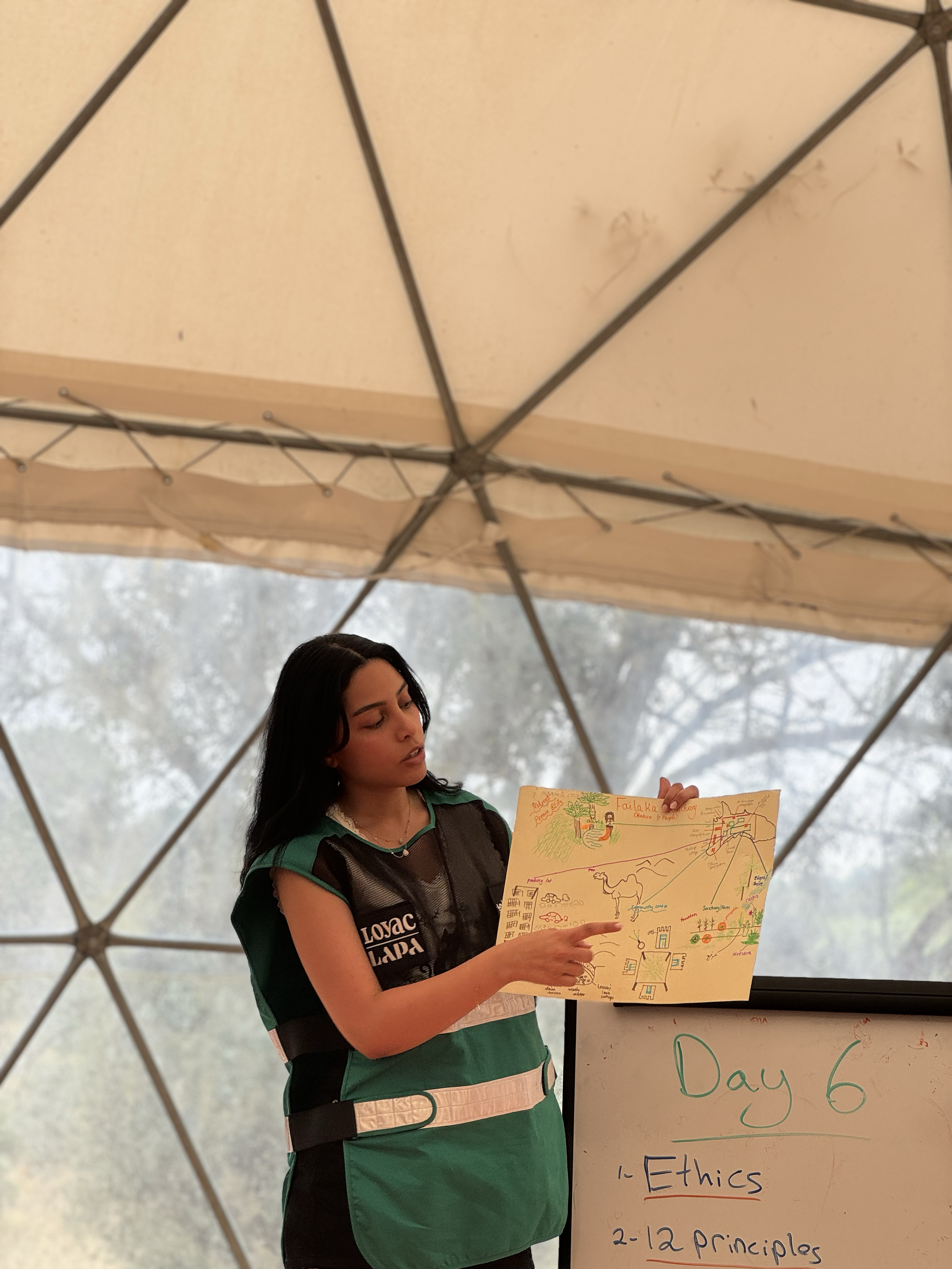 Woman in green and black shirt presenting a colorful drawing on paper, standing next to a whiteboard that says 'Day 6' and lists '1- Ethics' and '2- 12 Principles', inside a geodesic dome.