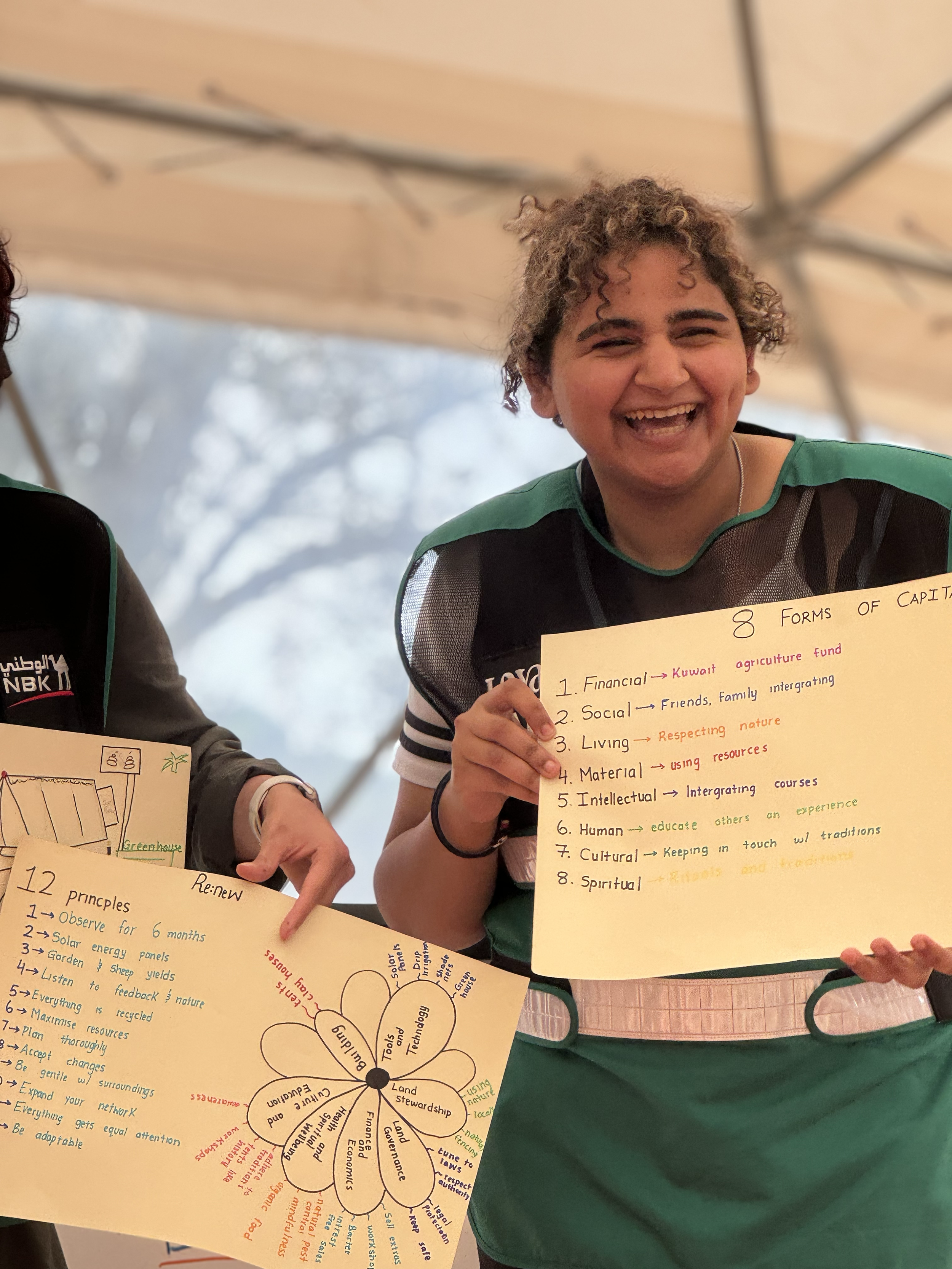 Person with curly hair smiling and holding a yellow paper with handwritten notes about 8 forms of capitalism.
