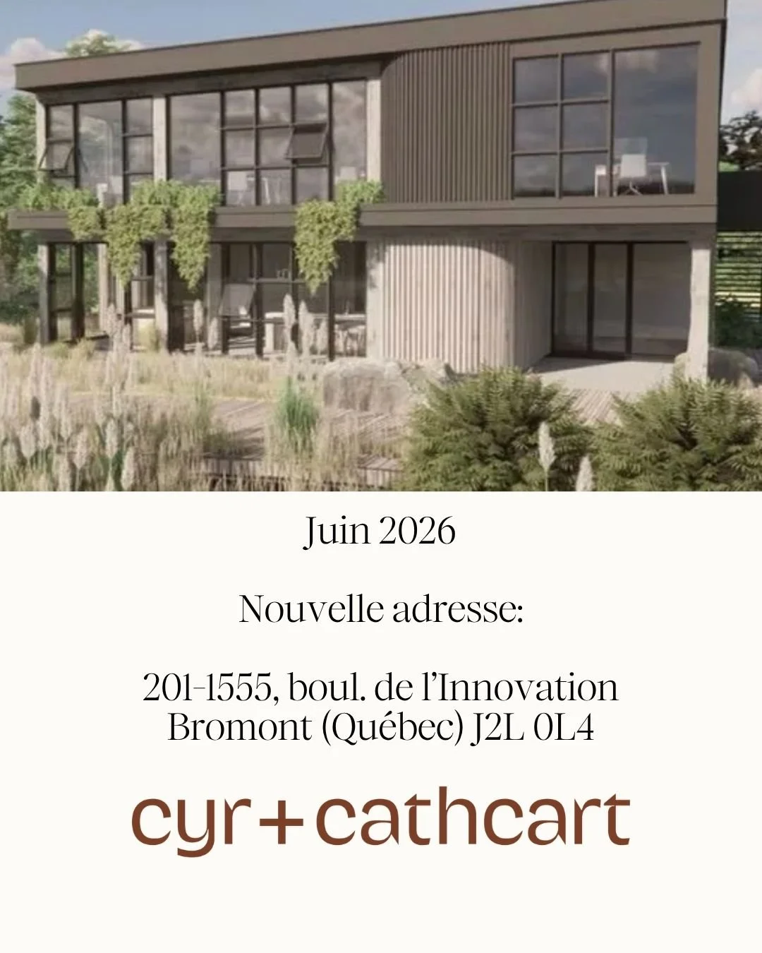 Une nouvelle &eacute;tape prend forme pour Cyr Cathcart.
D&egrave;s juin 2026, notre bureau de Bromont prendra place chez Biotopia, au c&oelig;ur de la Zone d&rsquo;Innovation.
Un espace inspirant, align&eacute; avec notre vision de cr&eacute;ation, 