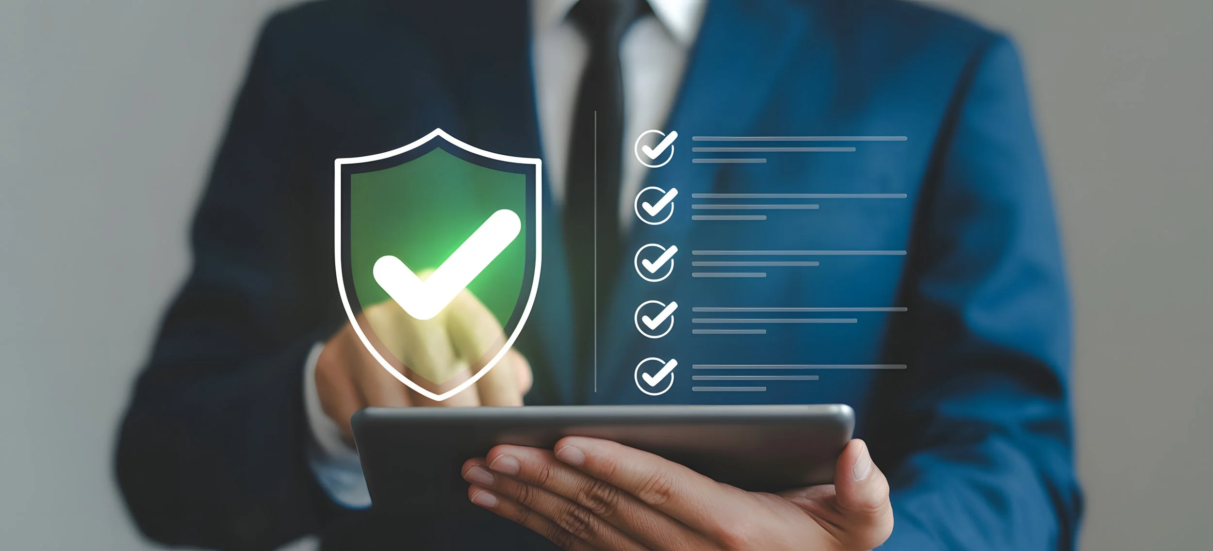Businessperson in a suit using a tablet with digital graphics of a shield with a checkmark and a list of checkmarks, representing cybersecurity or data protection.
