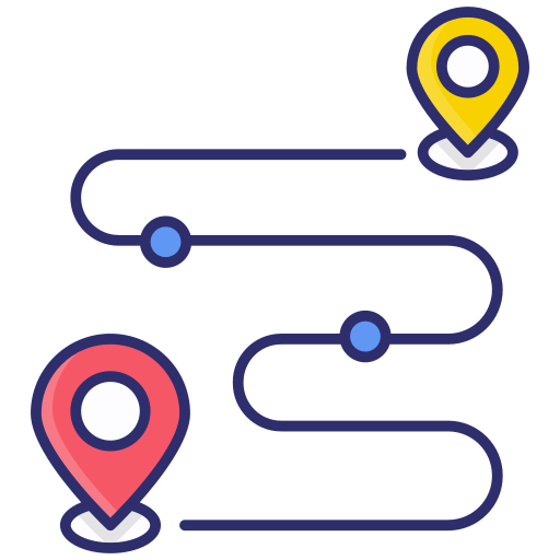 Illustration of a route map with a yellow location marker at the top and a pink location marker at the bottom connected by a winding blue path.