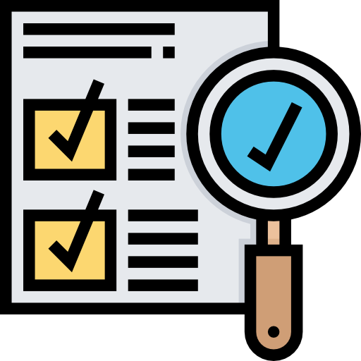 Checklist with two items marked complete and a magnifying glass with a check mark examining the list.