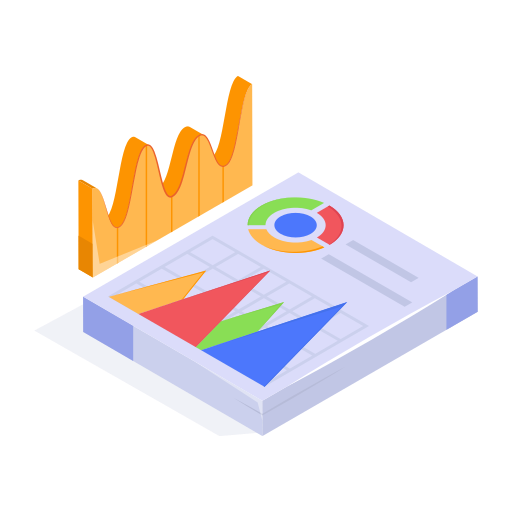 A financial report with charts and graphs, including a line graph, pie chart, and bar graph, over a paper document.