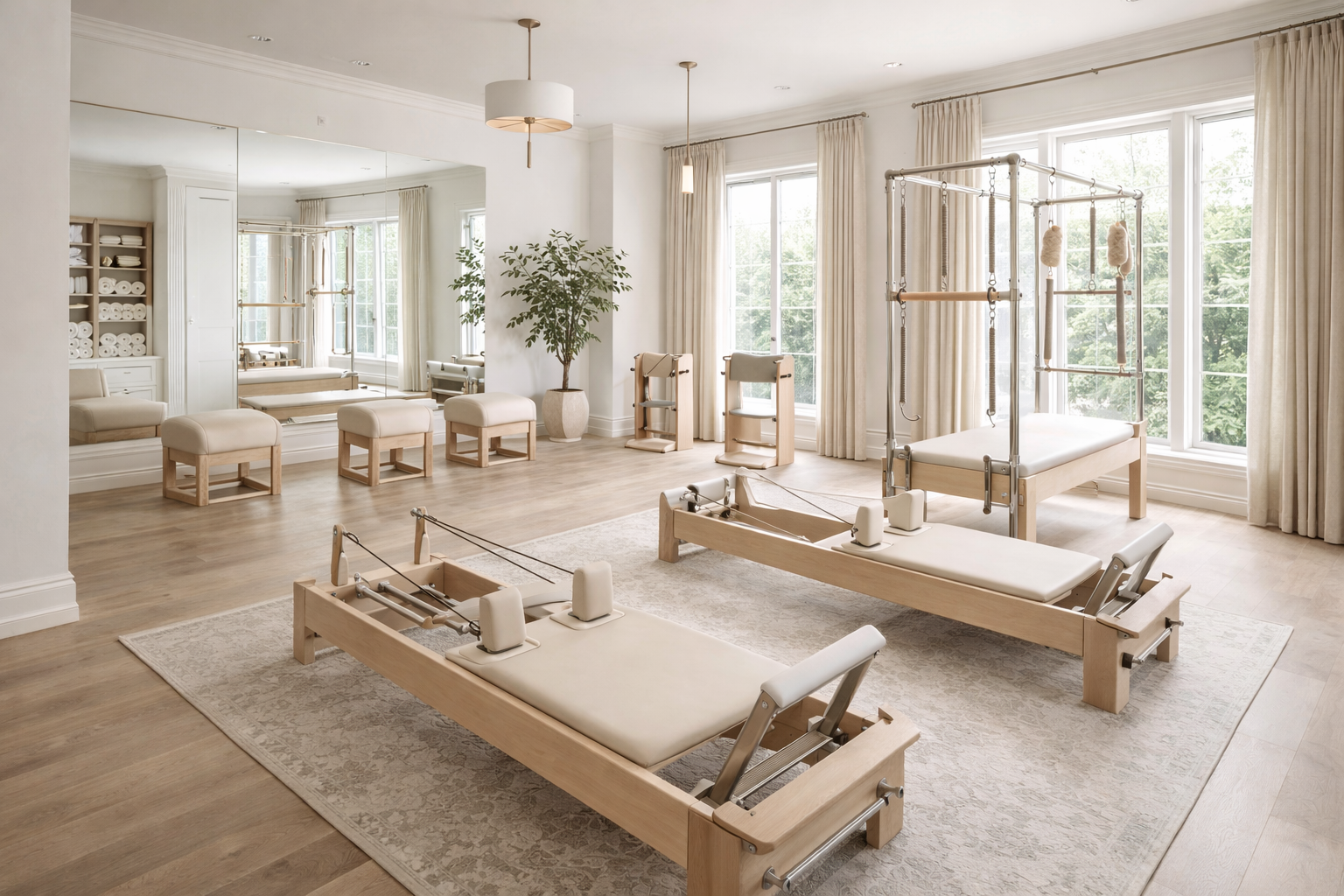 Professionally cleaned modern pilates studio with pristine floors and bright open space in Dallas TX by Bloom Clean