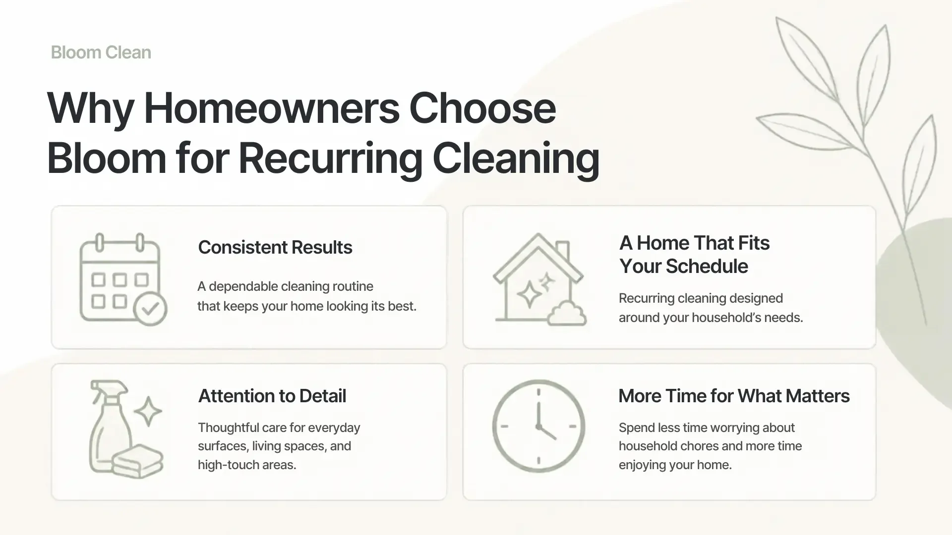 A webpage titled "Why Homeowners Choose Bloom for Recurring Cleaning" with sections about consistent results, scheduling flexibility, attention to detail, and time savings, accompanied by simple icons and a light, natural color scheme.
