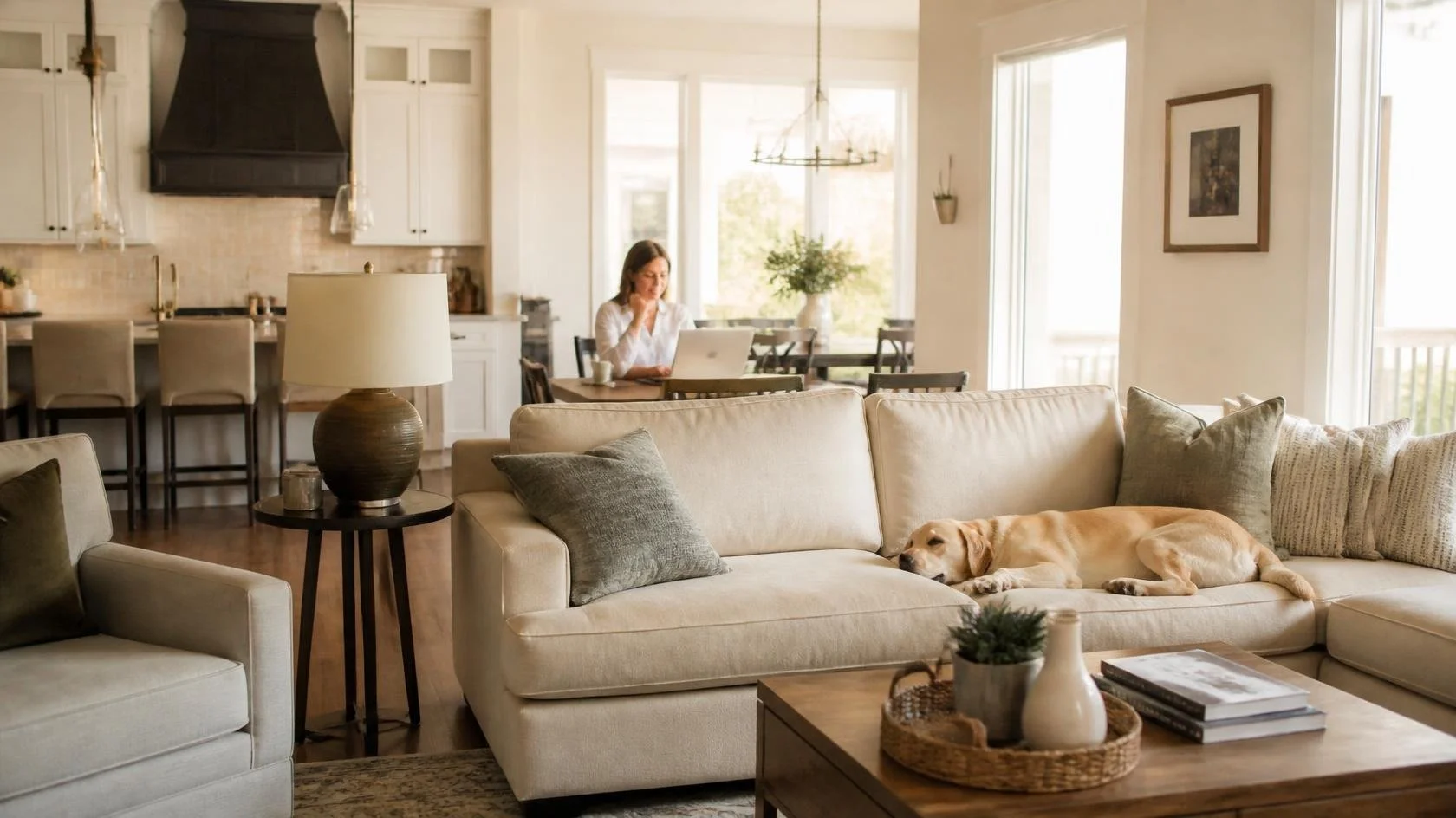 Living room with a beige couch, a Labrador retriever sleeping on it, a wooden coffee table with a tray, books, and decorative items, a side table with a lamp, and a woman working on a laptop in the background in an open-concept kitchen and dining area with large windows and natural light.