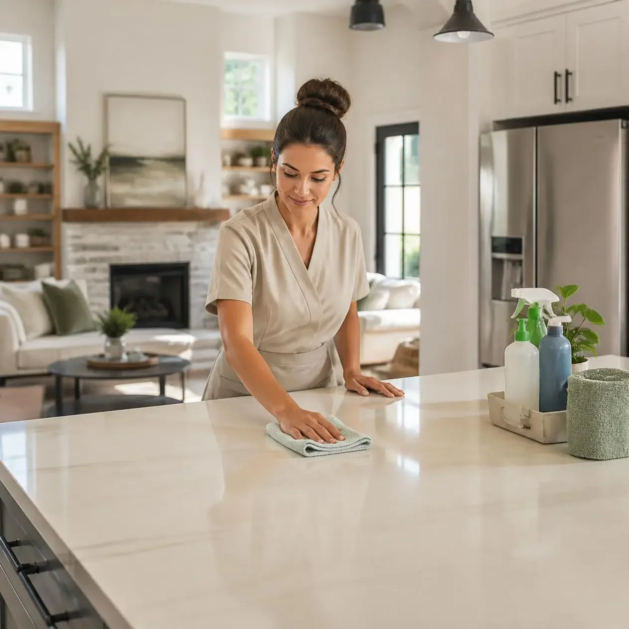A woman in a beige uniform cleaning a white kitchen countertop with a cloth, in a modern kitchen with a stainless steel refrigerator and decorated shelves.
