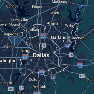 Map of the Dallas-Fort Worth area in Texas showing cities such as Dallas, Irving, Garland, Plano, and surrounding regions with major highways like I-20, I-30, and I-635.