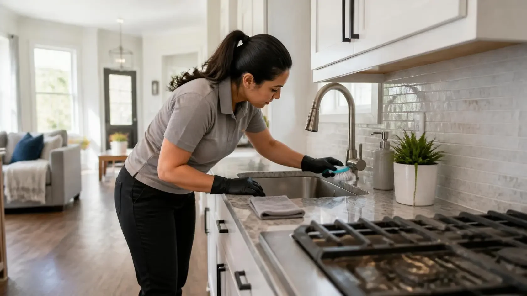 A woman cleaning a kitchen sink with black gloves, using a sponge or scrub brush, in a modern kitchen with white cabinets, a granite countertop, and decorative plants.