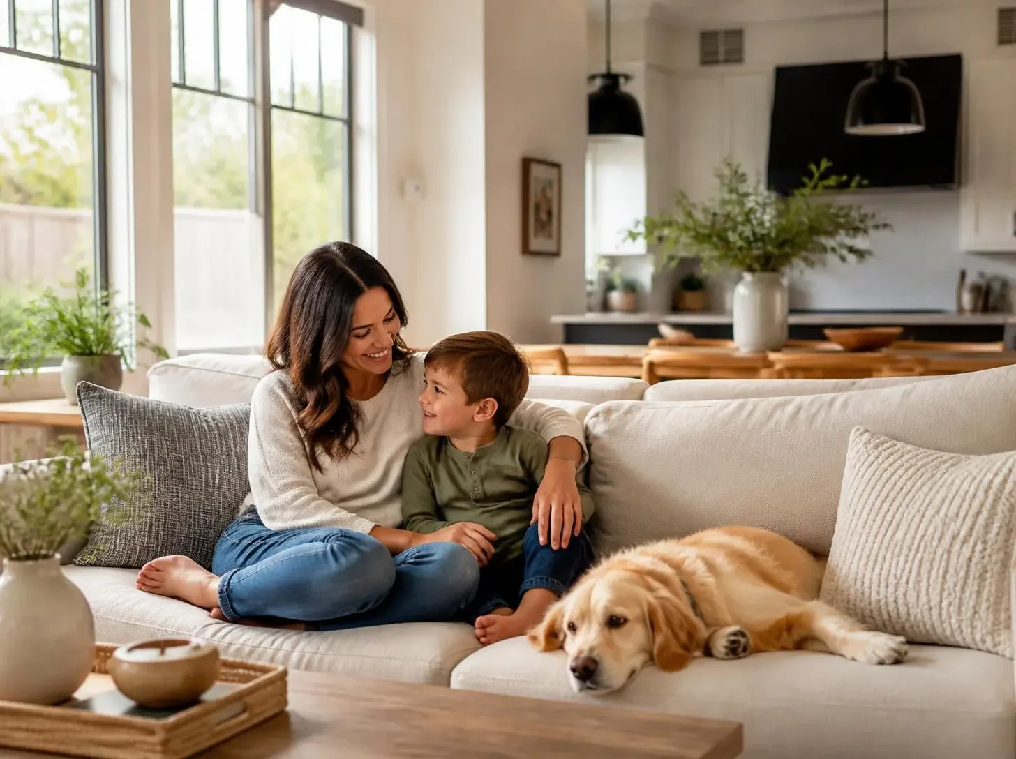 A woman and a boy sitting on a beige couch with a golden retriever lying beside them in a bright living room with large windows and potted plants.