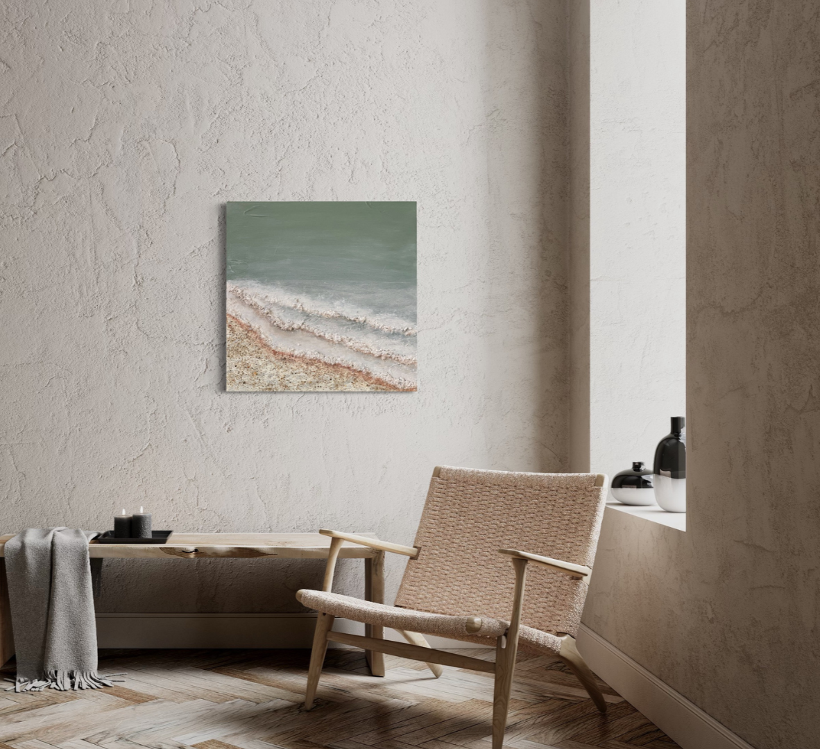Sea Vibe - Tranquil Beach Shore Painting | Handmade Mediterranean Art