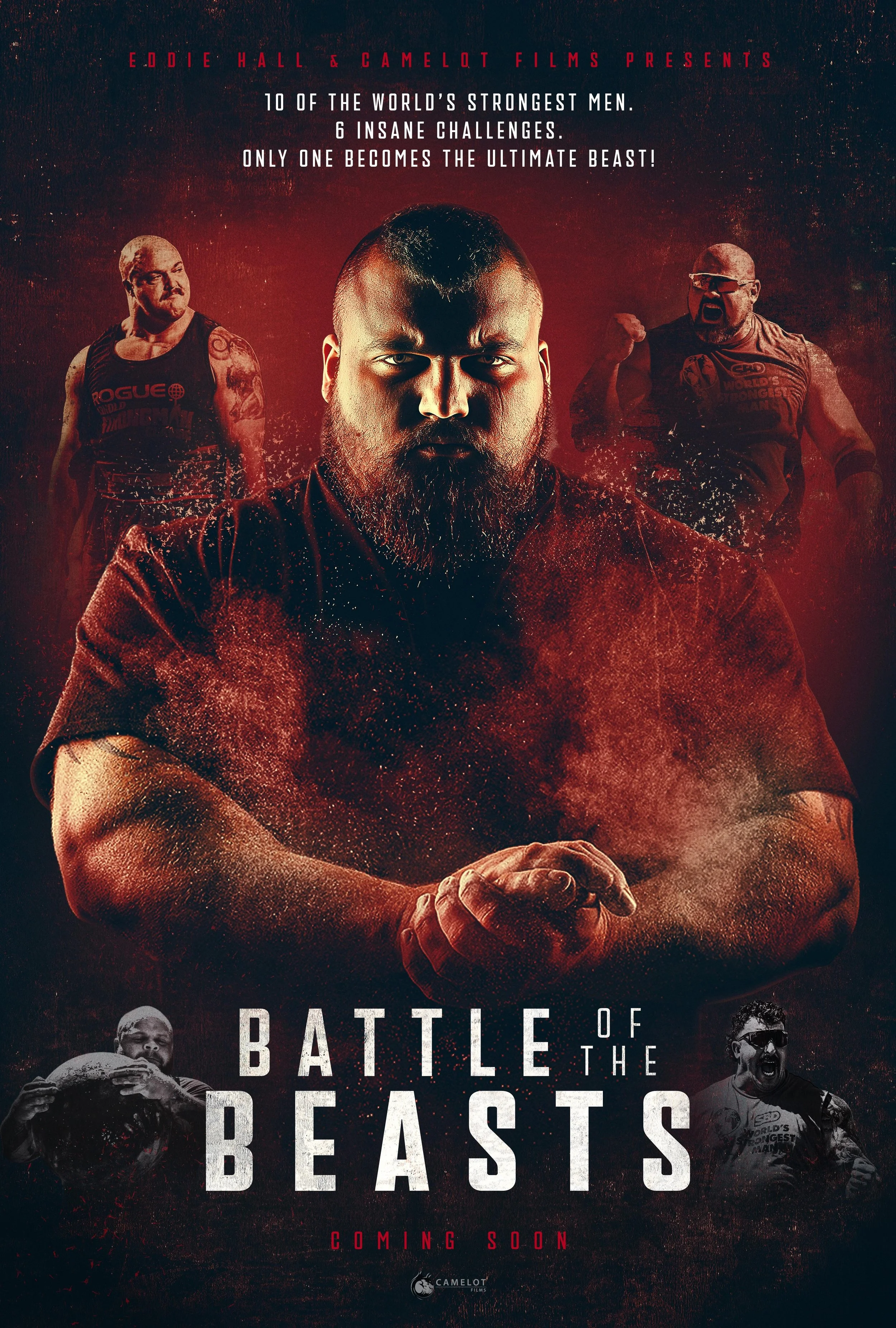 Poster for the movie "Battle of the Beasts" featuring a central muscular man with a beard and serious expression, flanked by four other muscular men in fighting poses, with a dark, smoky background.