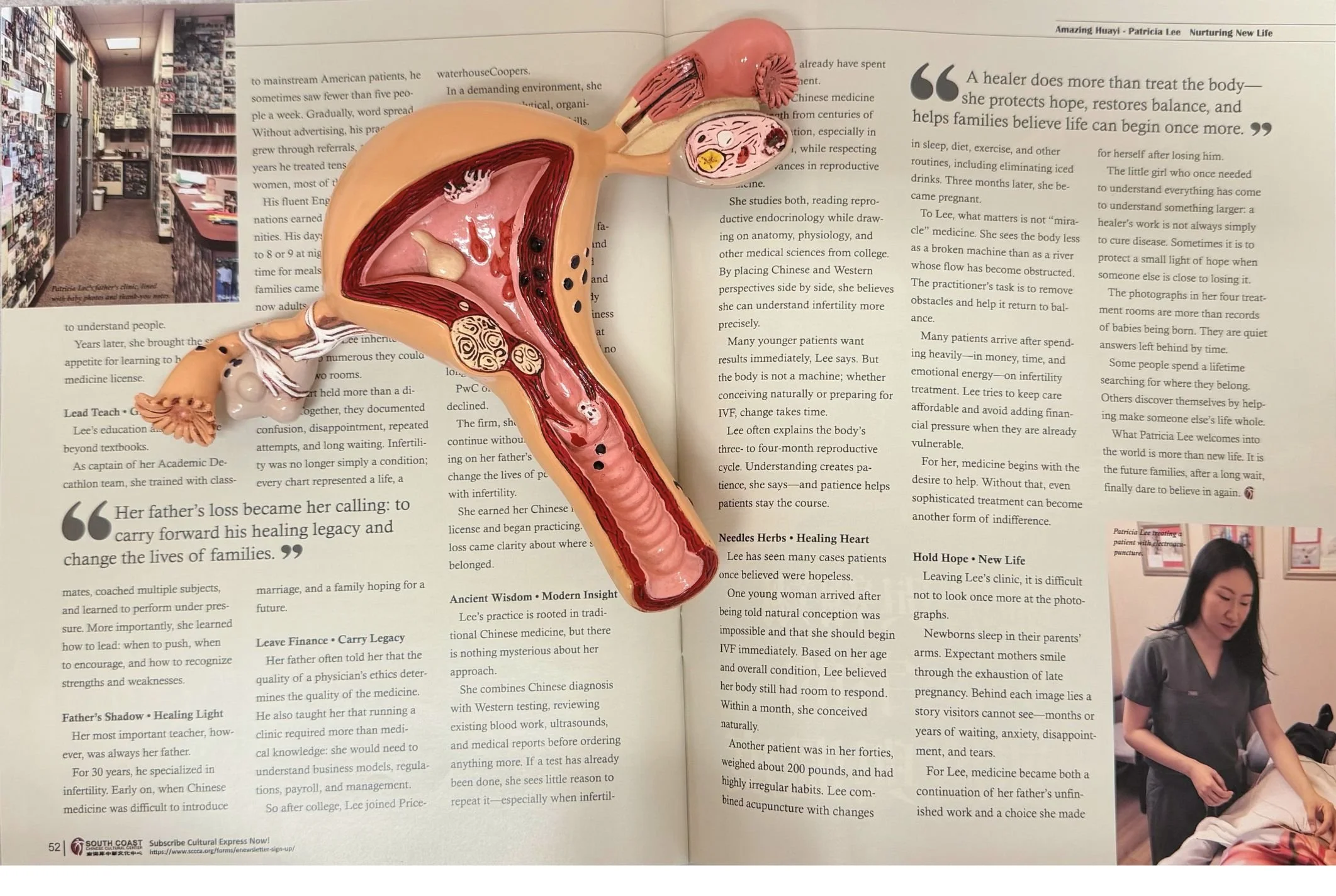 SCCCA magazine spread detailing Dr. Patricia Lee's transition from Western medicine to carrying on her family's Traditional Chinese Medicine legacy in Southern California.