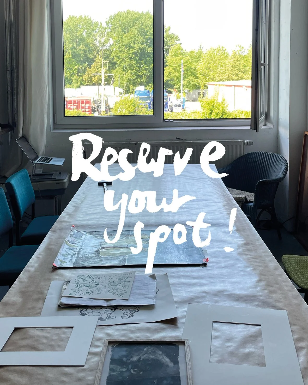 Geometric drawing of an outline square with sections divided by vertical, horizontal, and half circle lines.