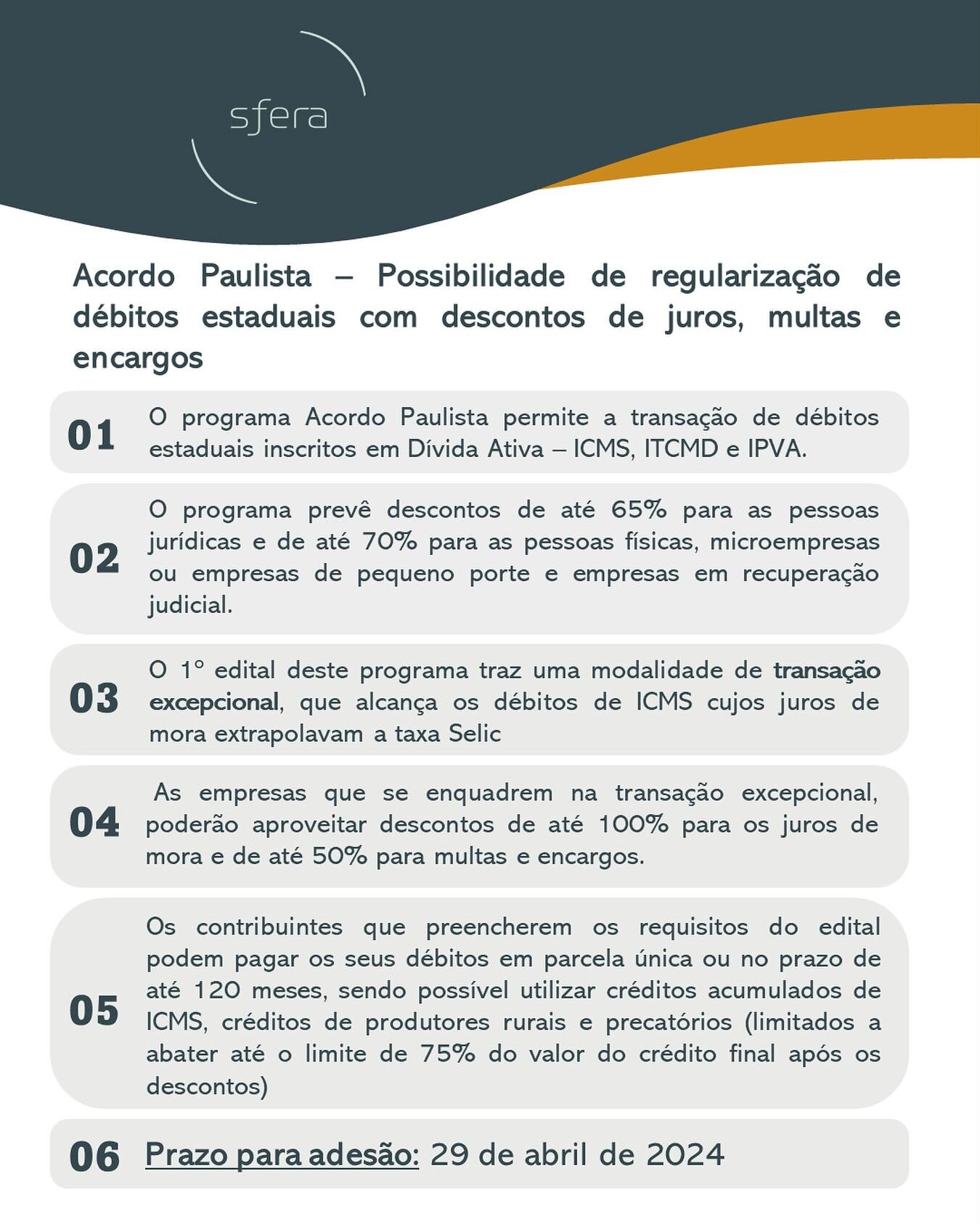Acordo Paulista &eacute; regulamentado - Resolu&ccedil;&atilde;o PGE n&ordm; 06/2024. Vejam breve resumo do programa para regulariza&ccedil;&atilde;o de d&eacute;bitos estaduais.