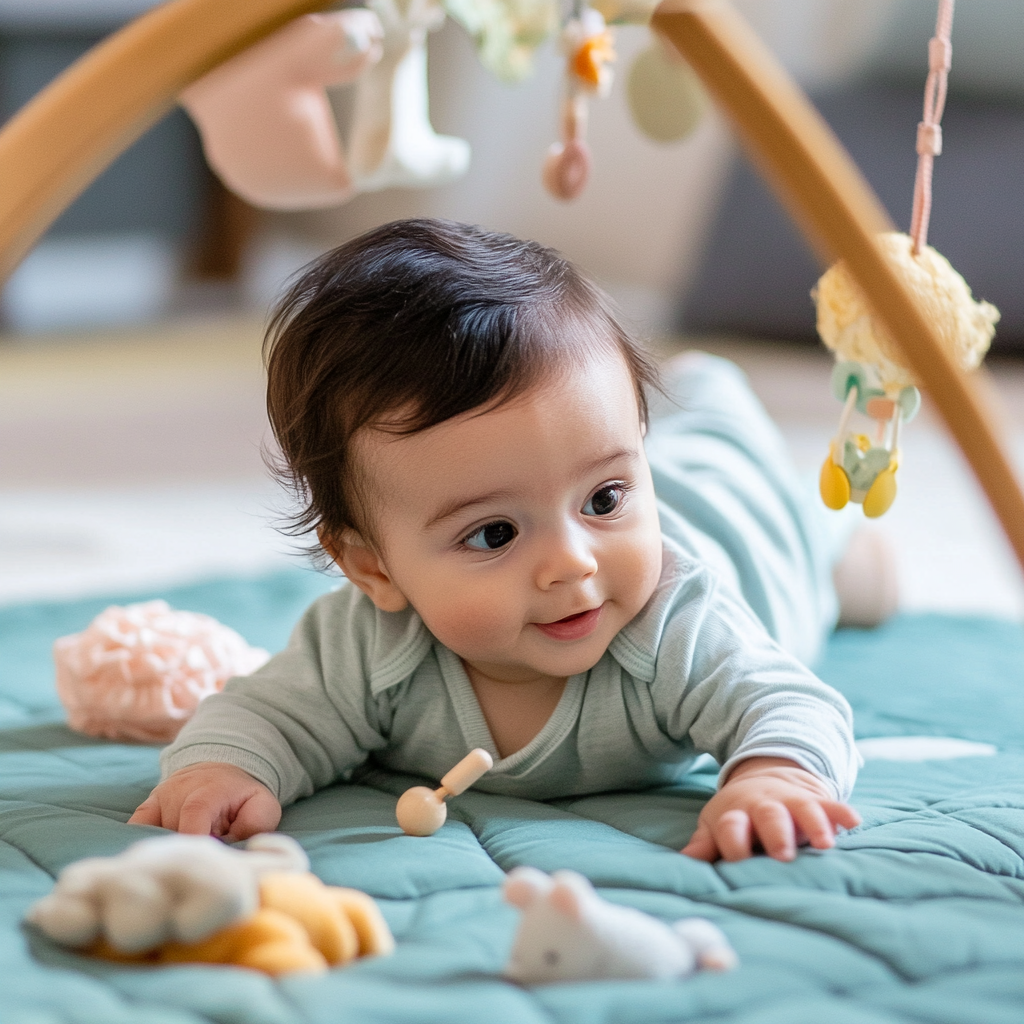Baby playing on floor mat with mobile.
