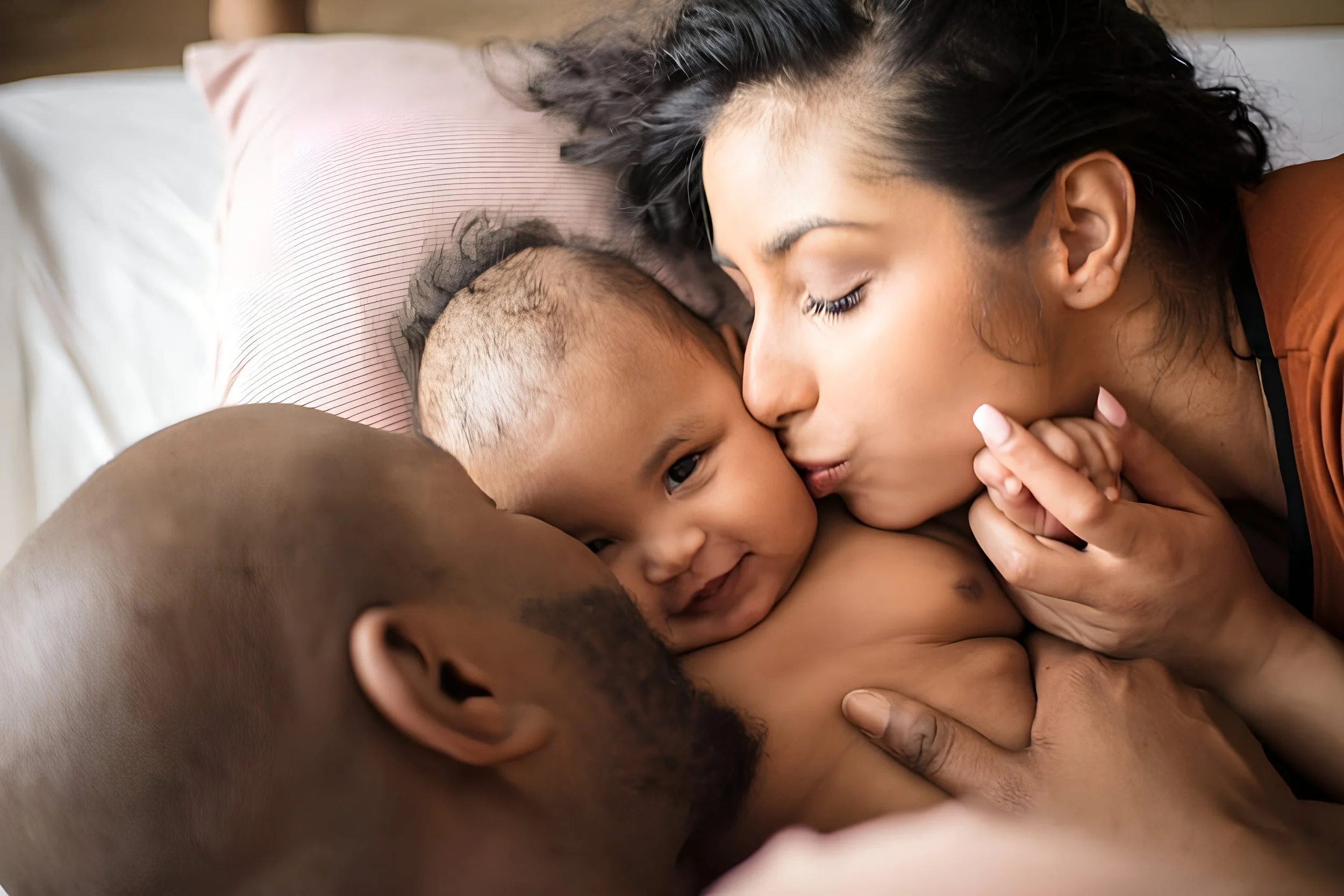 Parents and their baby cuddling in bed.