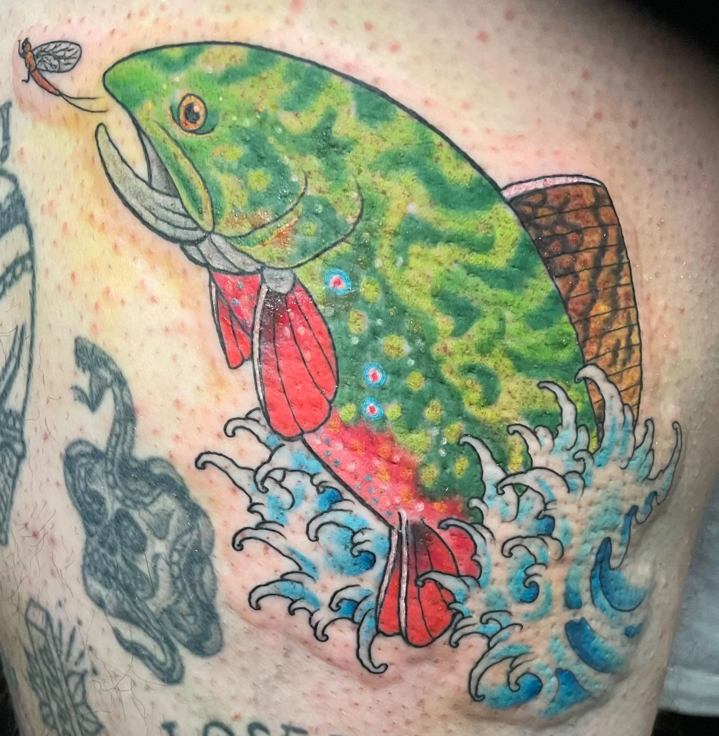 Colorful tattoo of a chameleon with green and red hues, surrounded by water splashes and a black and gray skull design.