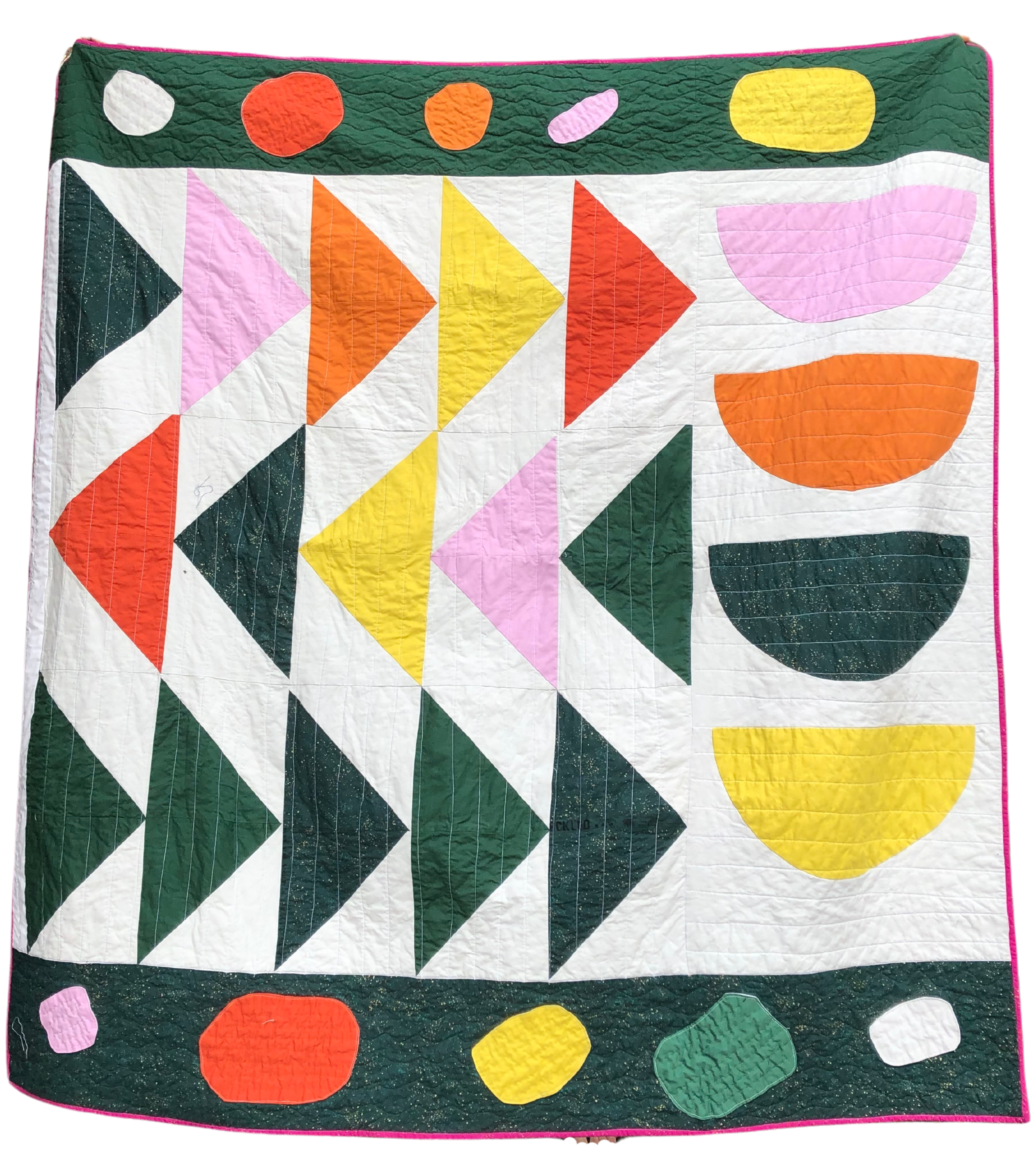 green, white, orange, purple modern abstract quilt with flying geese, semi circles, and appliqued blobs
