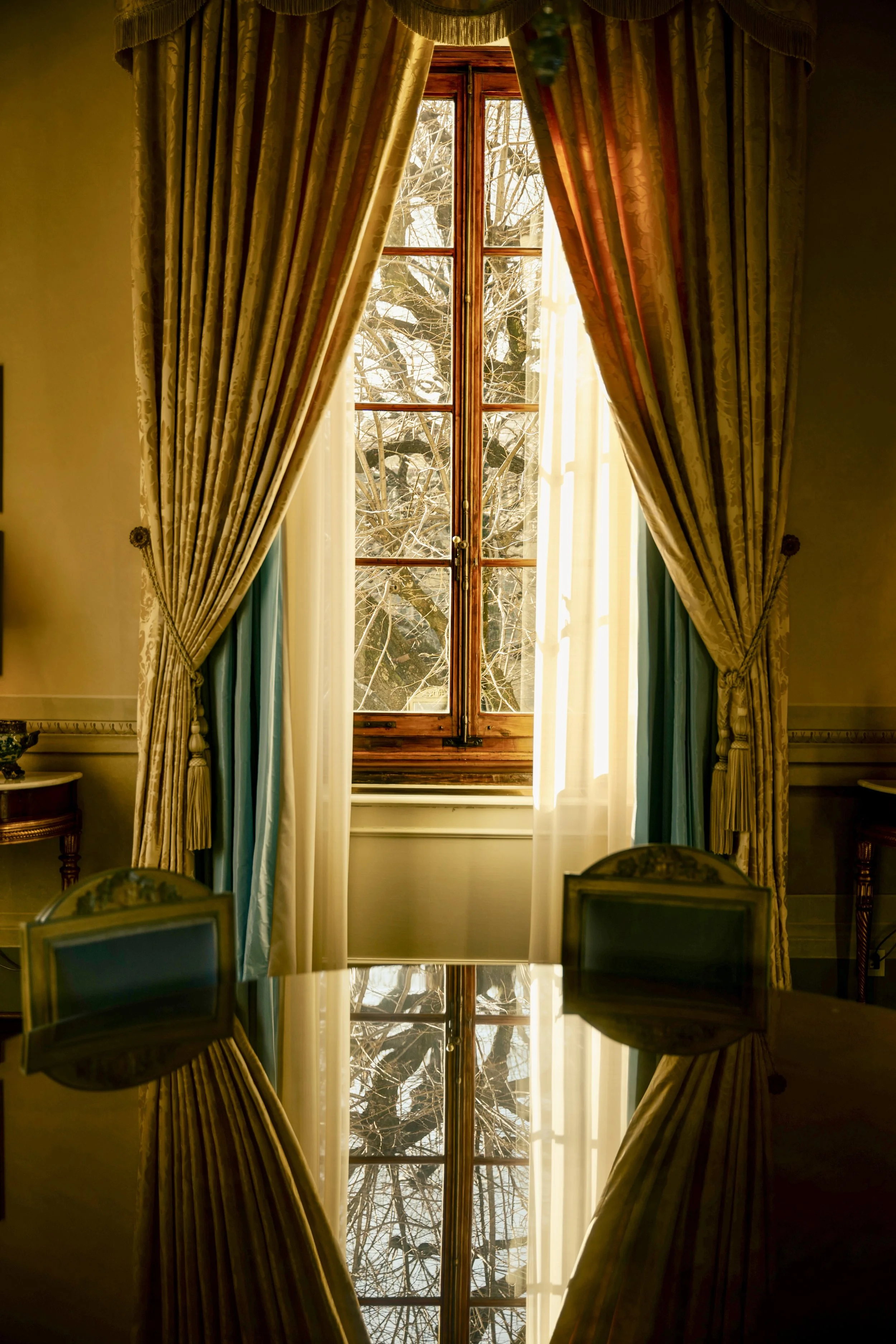 View through a large window with wooden frames, overlooking a tree with bare branches outside. The window is flanked by heavy, ornate yellow and gold curtains tied back with tassels, with a car reflected on the glass surface below the window.