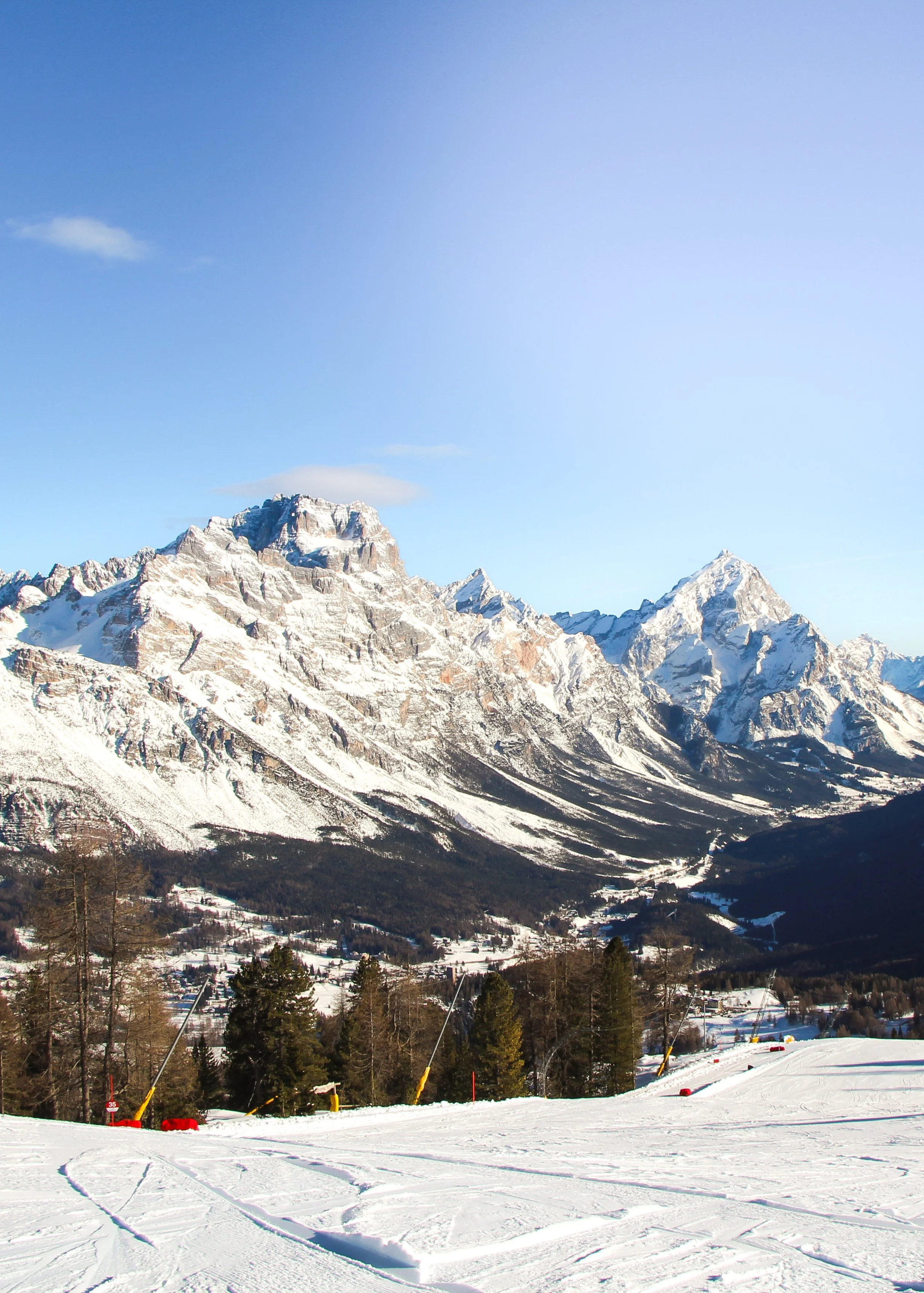 Snow-covered mountain range under a clear blue sky, with a ski slope and trees in the foreground.