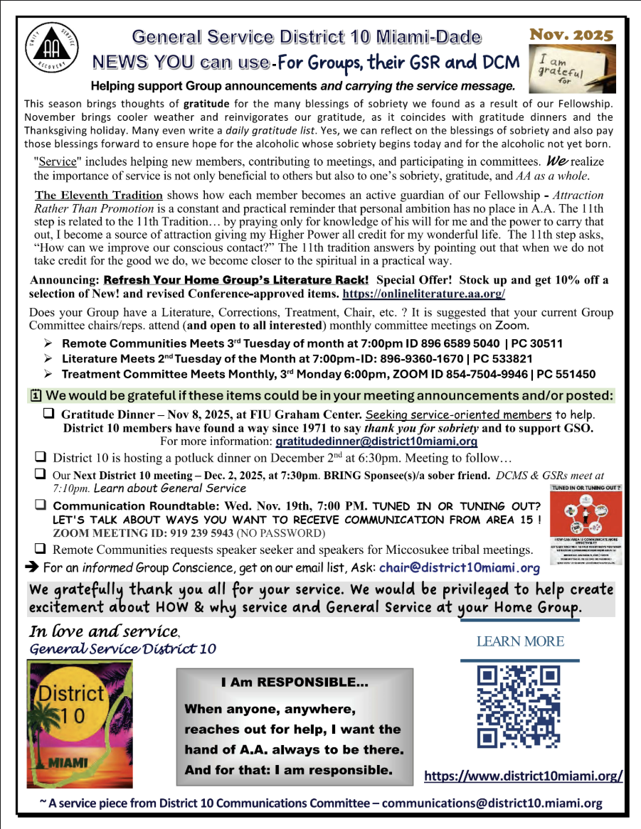Newsletter for General Service District 10 Miami-Dade, November 2025, with announcements about group activities, literature rack, potluck dinner, communication roundtable, and contact information.