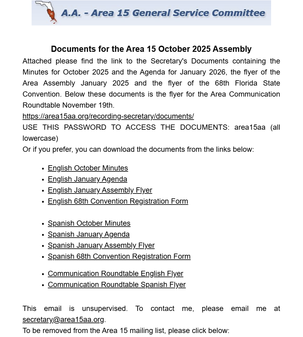Letter from Area 15 General Service Committee with links to documents for October 2025 assembly, including minutes, agendas, flyers, and registration forms in English and Spanish.