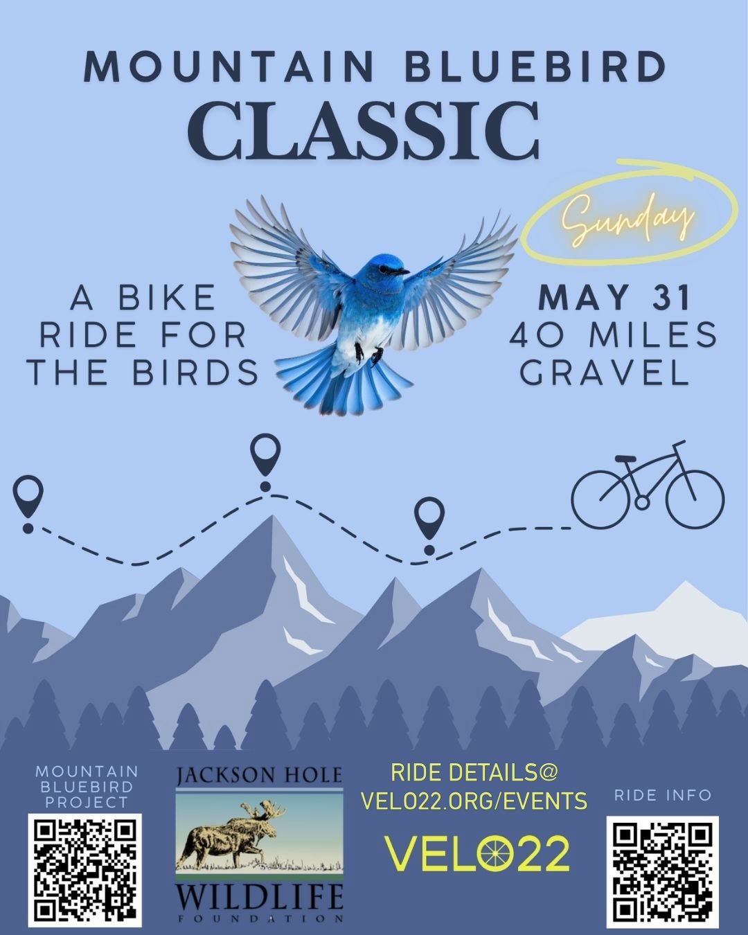 9AM ,Sunday, 5/31, JHHS
Mountain Bluebirds are back. So, it is time to get out and ride our bikes! However, the reality (i.e., cold headwind on the way home) is that putting in early season miles can be tough to motivate for unless you get some folks