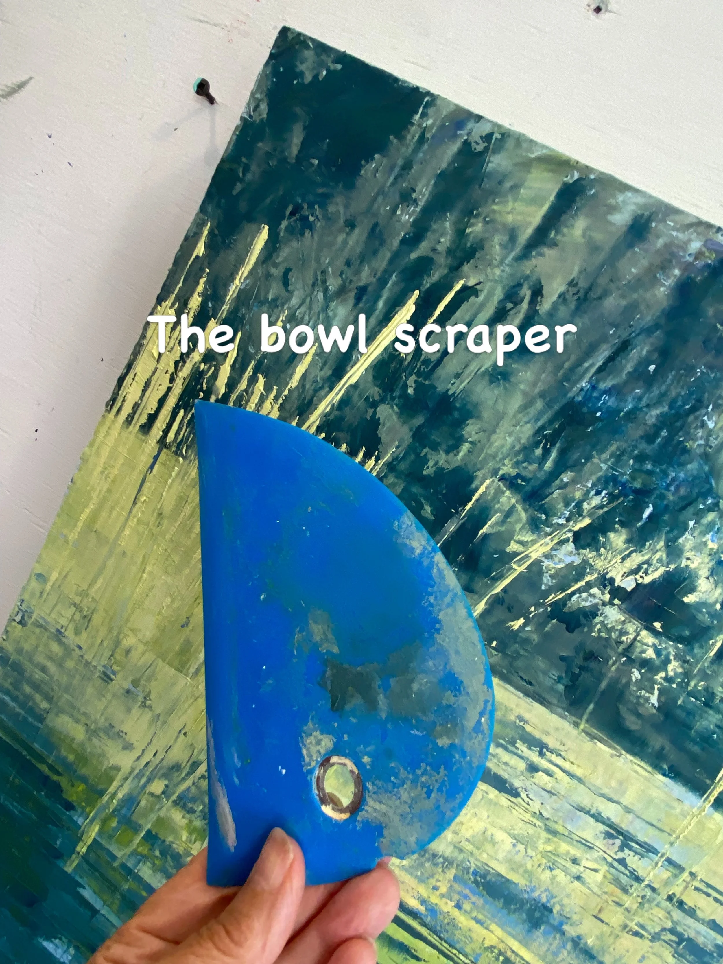 So many people asked me at the show about the tools I use to paint with, I thought I should show you. 

I rarely use brushes when I paint, preferring palette knives and a bowl scraper. Most people were a bit puzzled when I mentioned the scraper and I