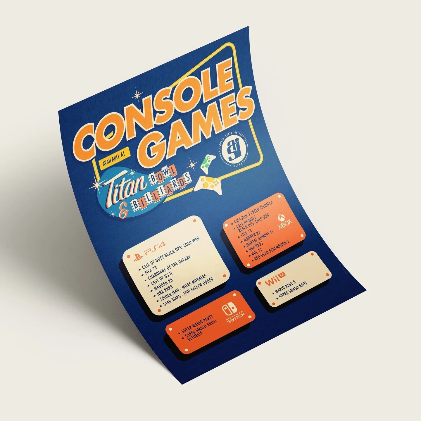 Redesign pricing menu for titan bowl and billiards 😗 

#asi#csuf#csufcota#pricelistdesign#studentwork#retro#billiards#tabletennis#foosball#videogames#shuffleboard