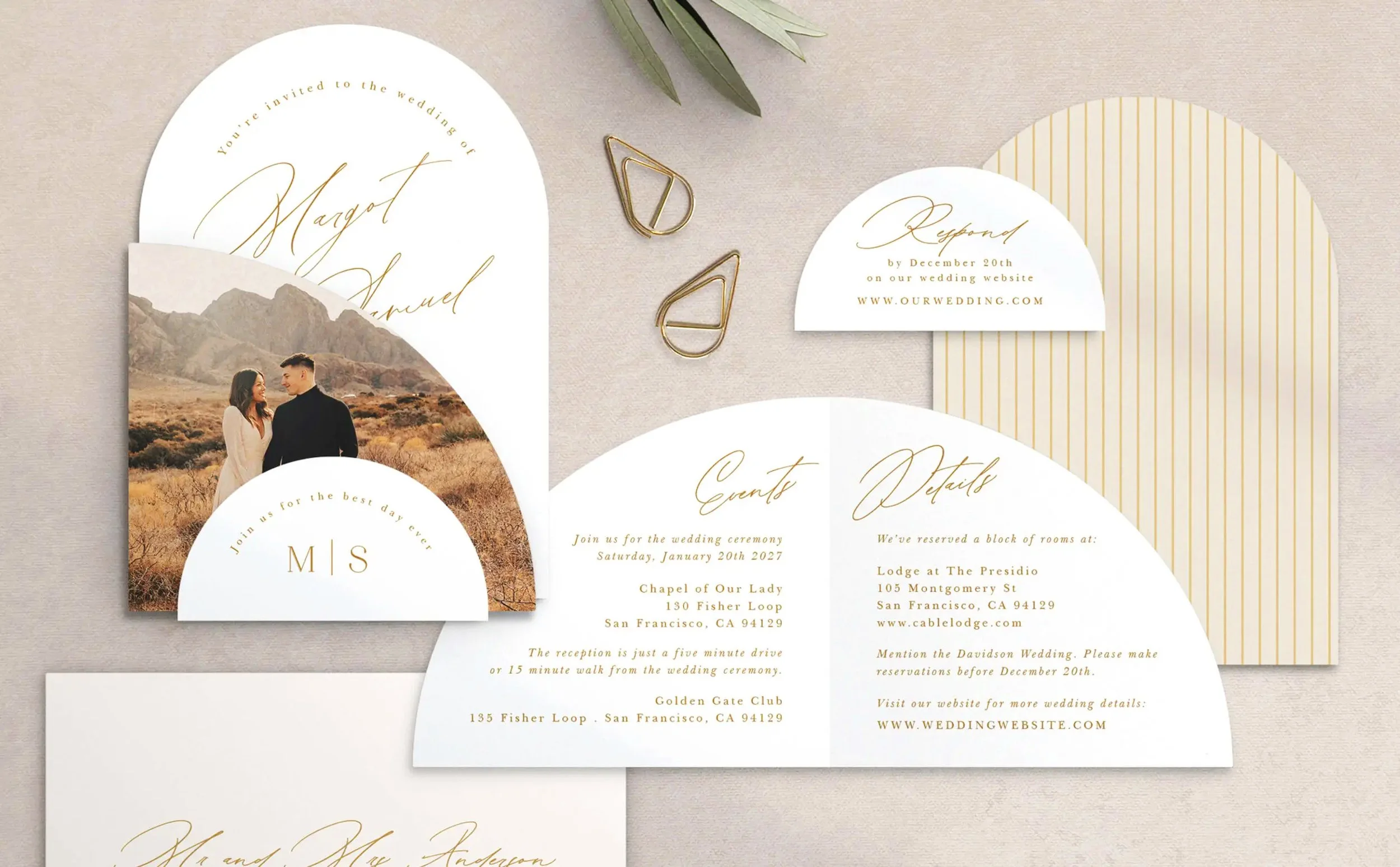 Wedding invitation suite with an outdoor wedding photo, and pieces of stationery including details for the wedding ceremony, event, and RSVP, decorated with greenery and gold accents.