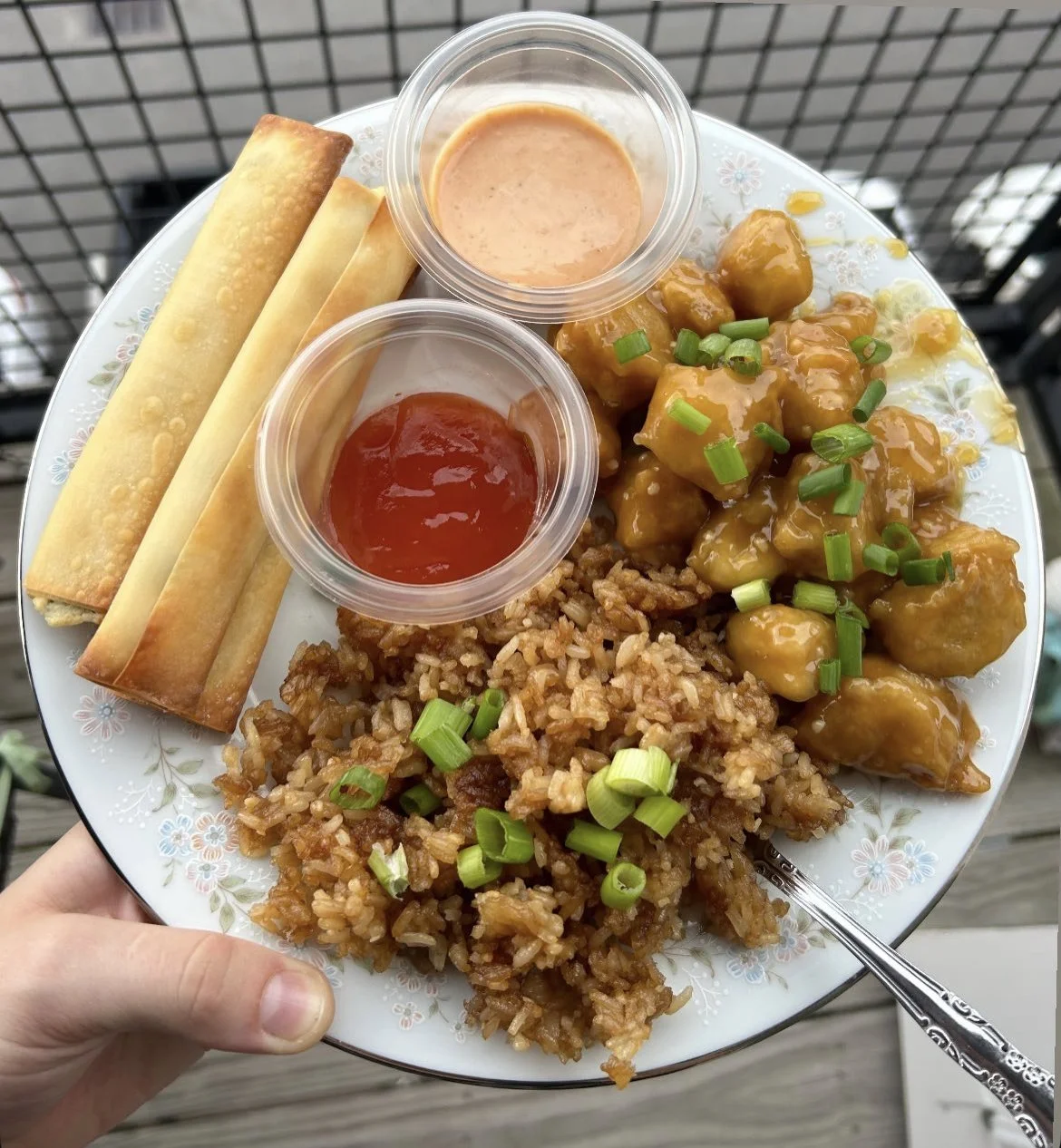 Teaching myself how to cook! This is tofu orange "chicken" with fried rice, cream cheese rangoons, homemade yum yum sauce, and sweet and sour sauce