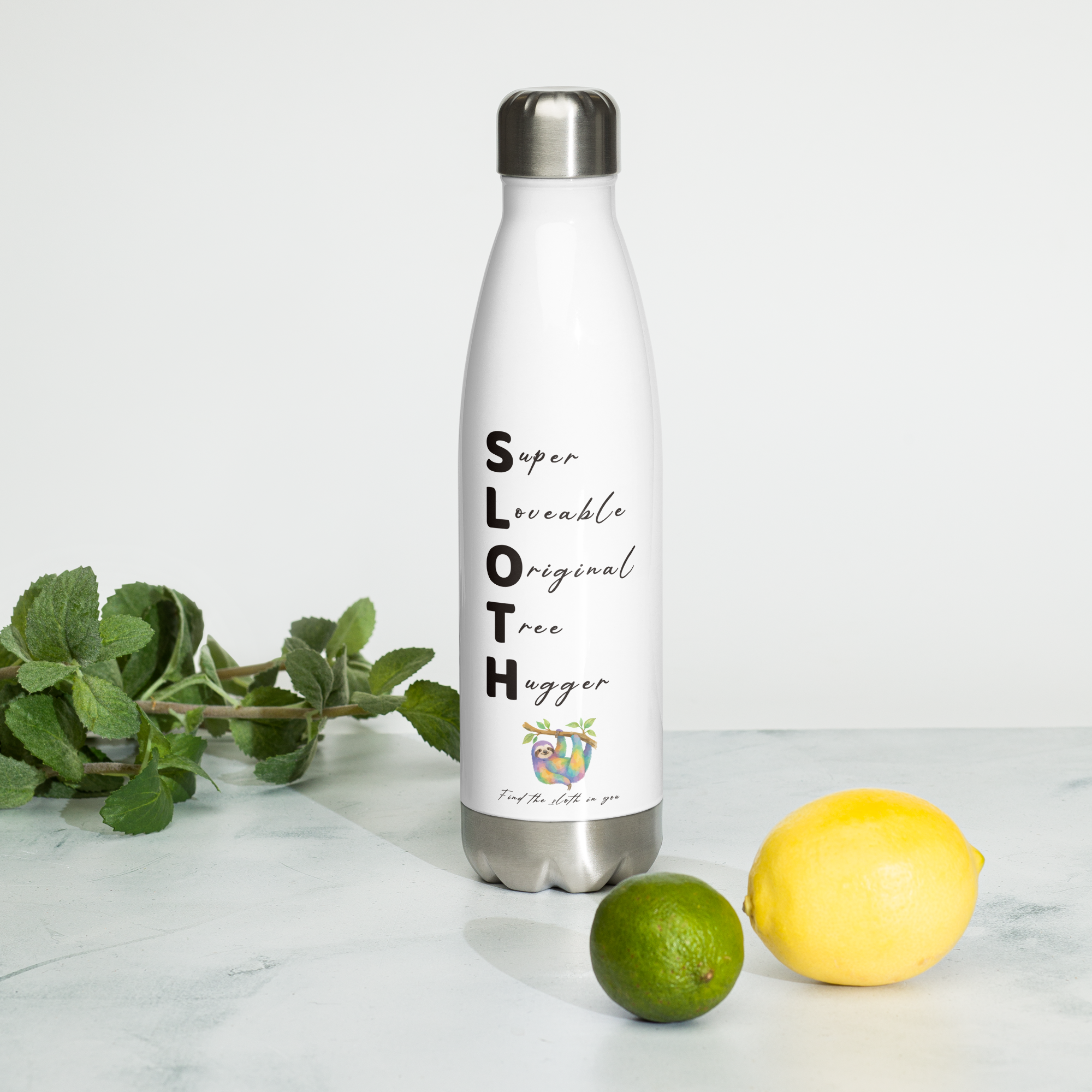 Stainless steel water bottle with playful SLOTH acronym 