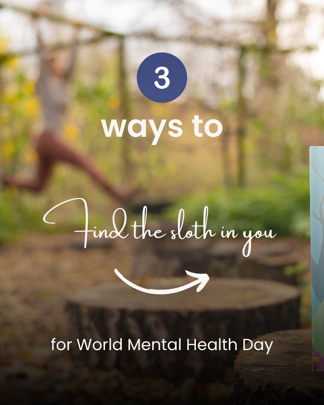 3 Ways to Find The Sloth In You for World Mental Health Day with a portion of the book and someone swingin in the background